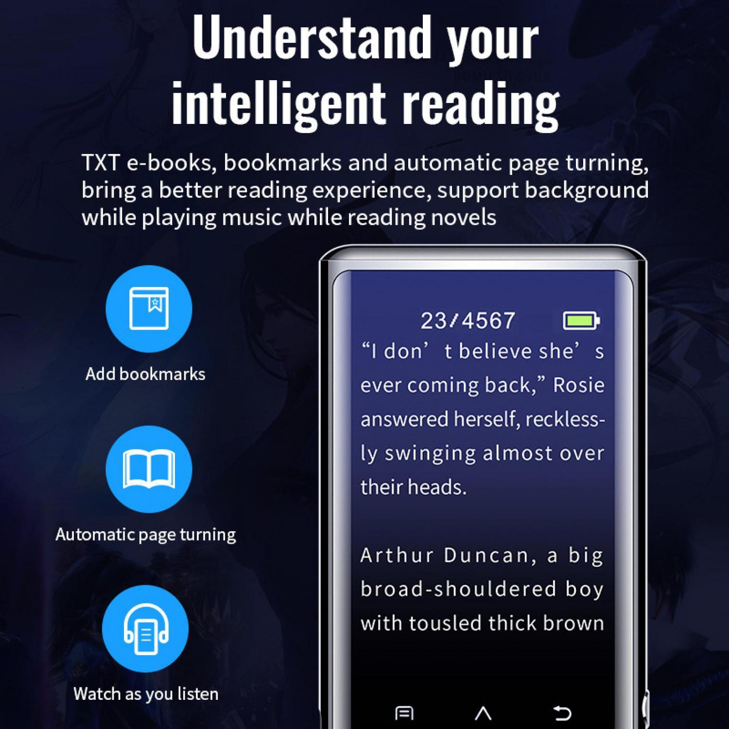 E-Reader zeigt Text, Symbole für Lesezeichen, automatischen Seitenwechsel und Musikhören.