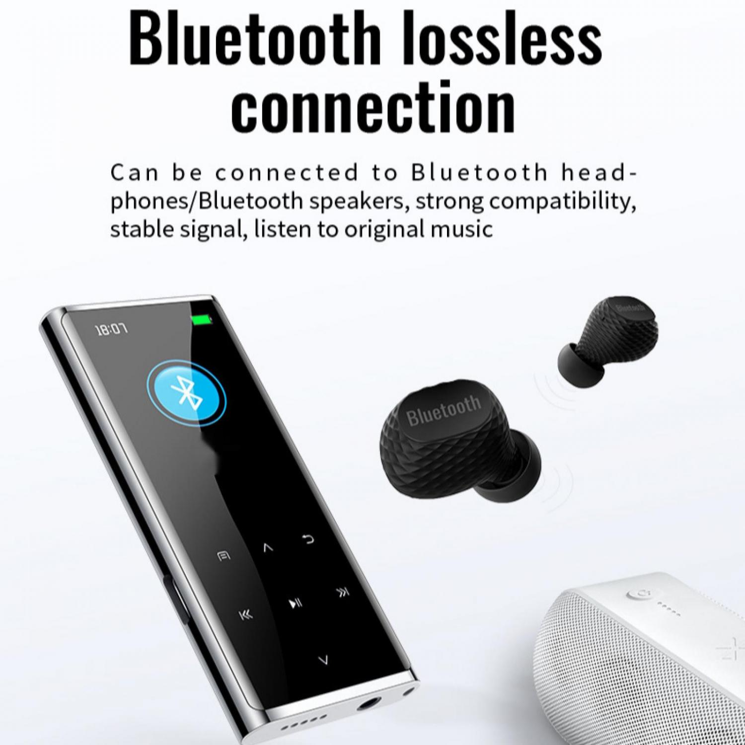 MP3-Player, schwarze In-Ear-Kopfhörer und ein weißer Lautsprecher mit Bluetooth-Symbol und Text.