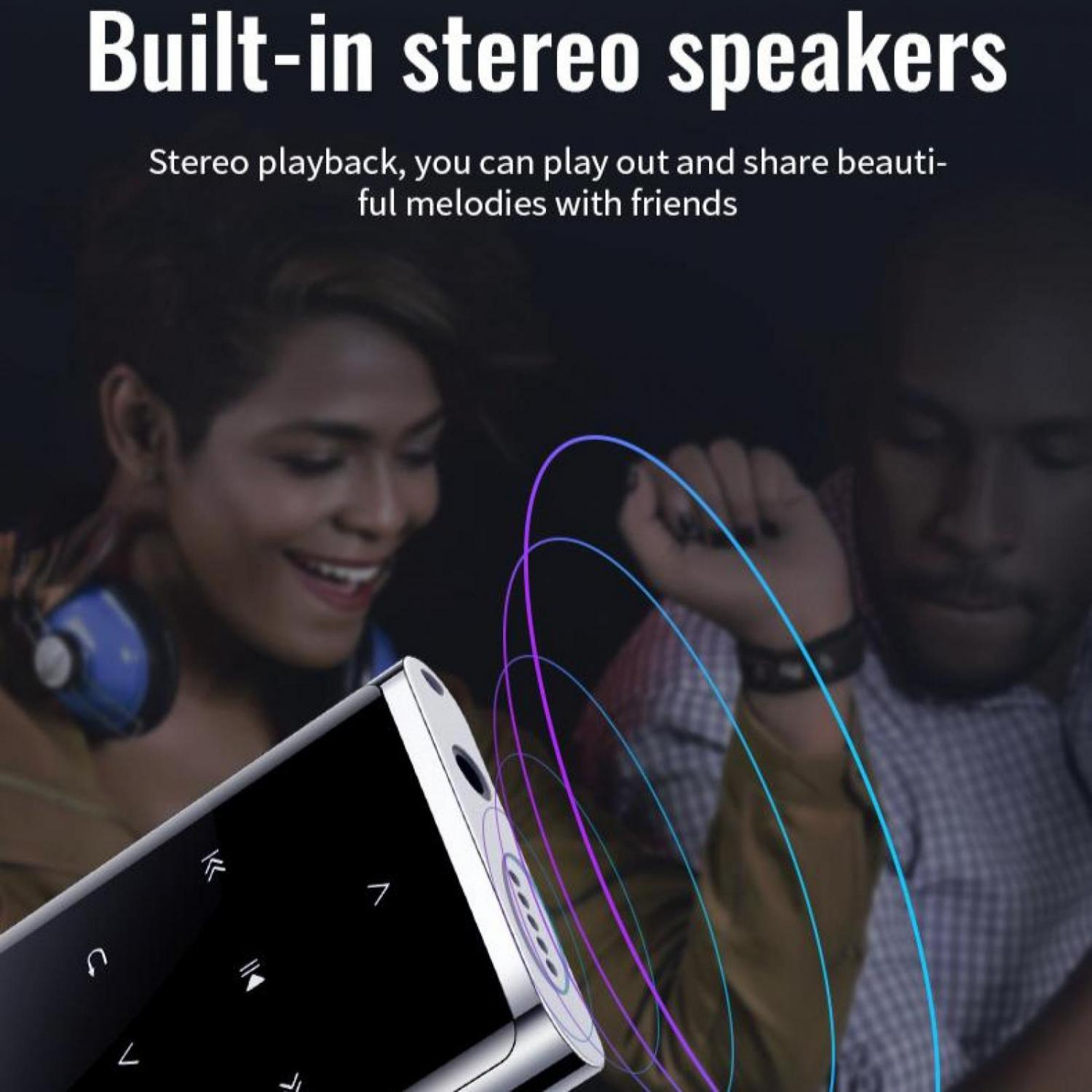 Ein tragbarer Musikplayer im Vordergrund mit zwei Personen, die im Hintergrund tanzen.