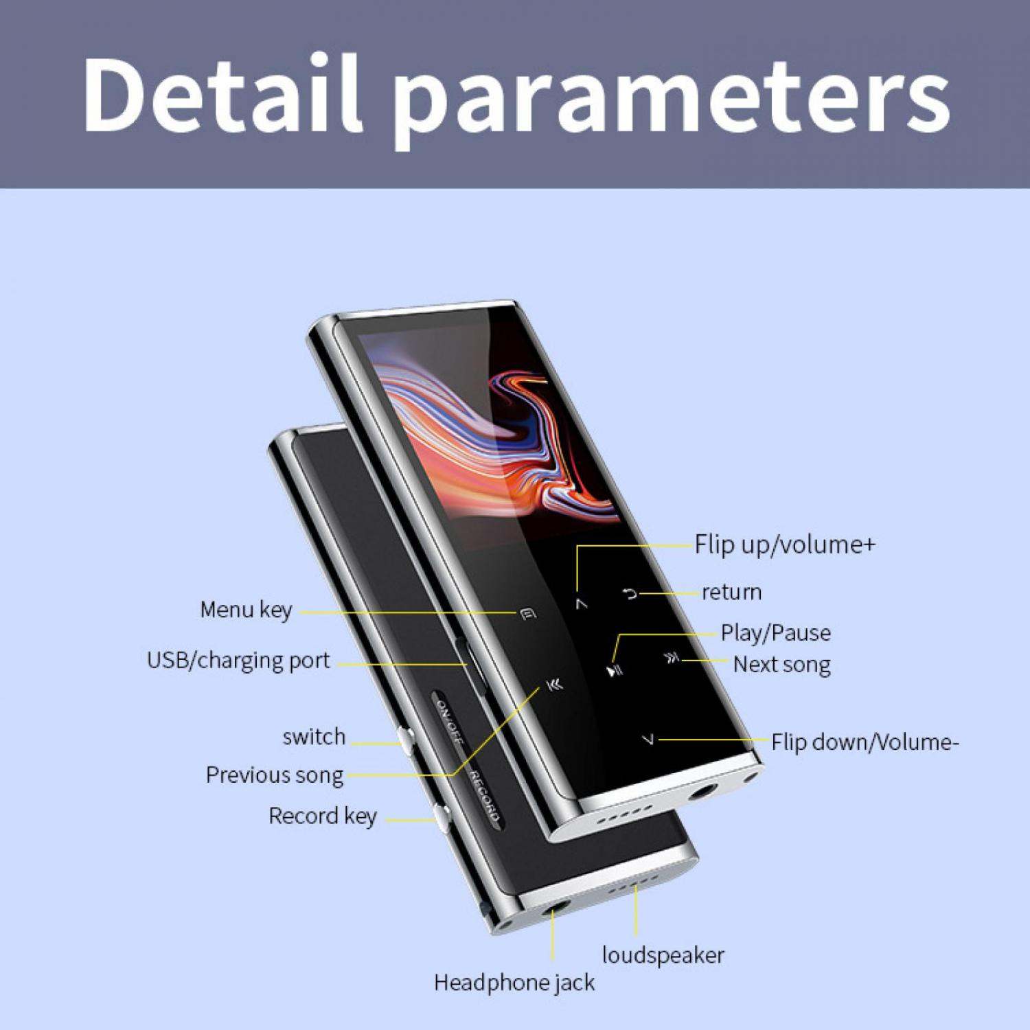 Diagramm eines tragbaren Audioplayers mit Beschriftungen für Tasten und Anschlüsse auf hellem Hintergrund.