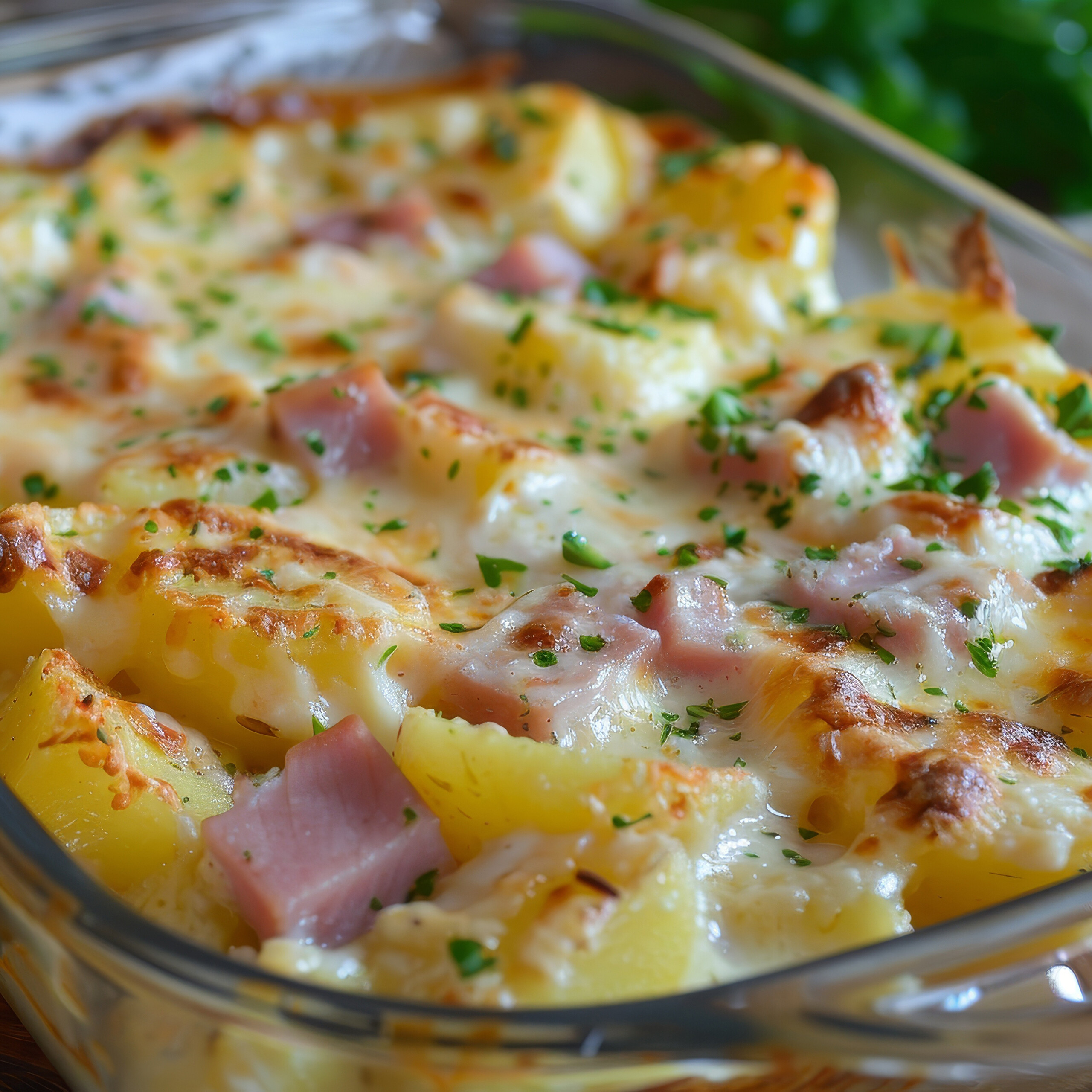 Kartoffelgratin mit Schinken, geschmolzenem Käse und Kräutern in einer Glasform.