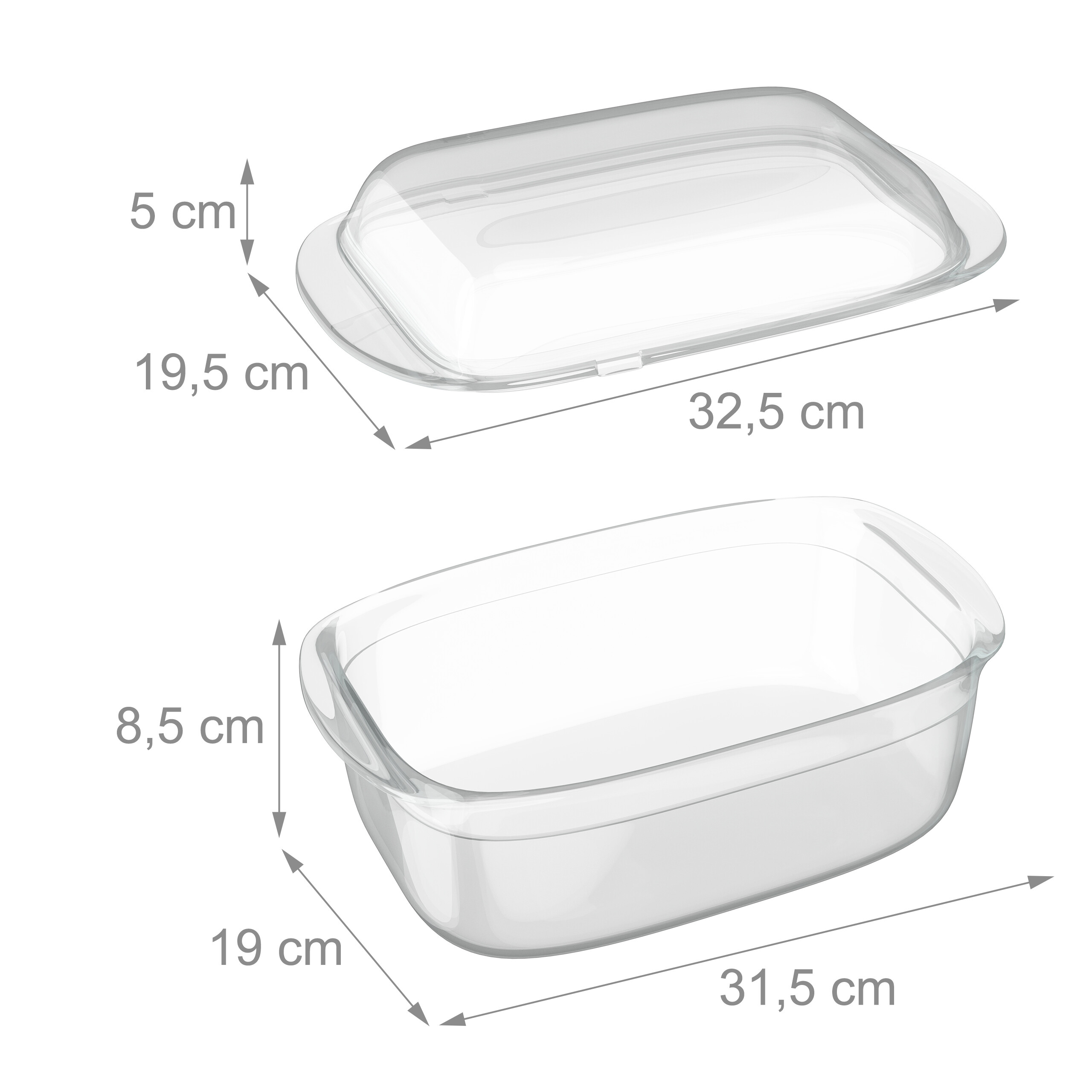 Glasauflaufform mit Deckel und Maßangaben in cm auf weißem Hintergrund.