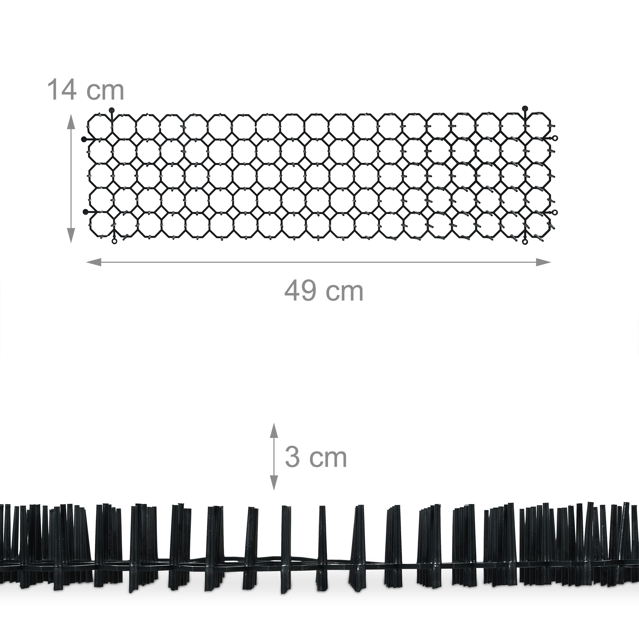 Schwarzes Kunststoffgitter mit Stacheln, 49 cm lang, 14 cm breit und 3 cm hoch.