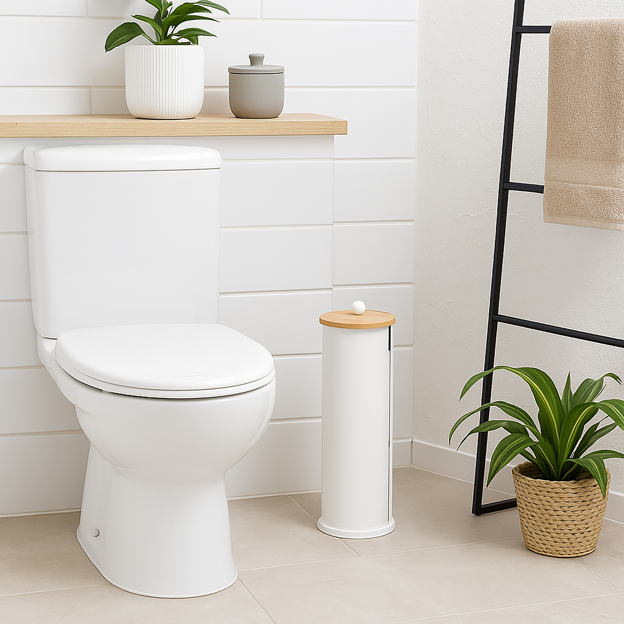 Eine weiße Toilette, ein Toilettenpapierhalter, Pflanzen und ein Handtuchständer in einem hellen Badezimmer.