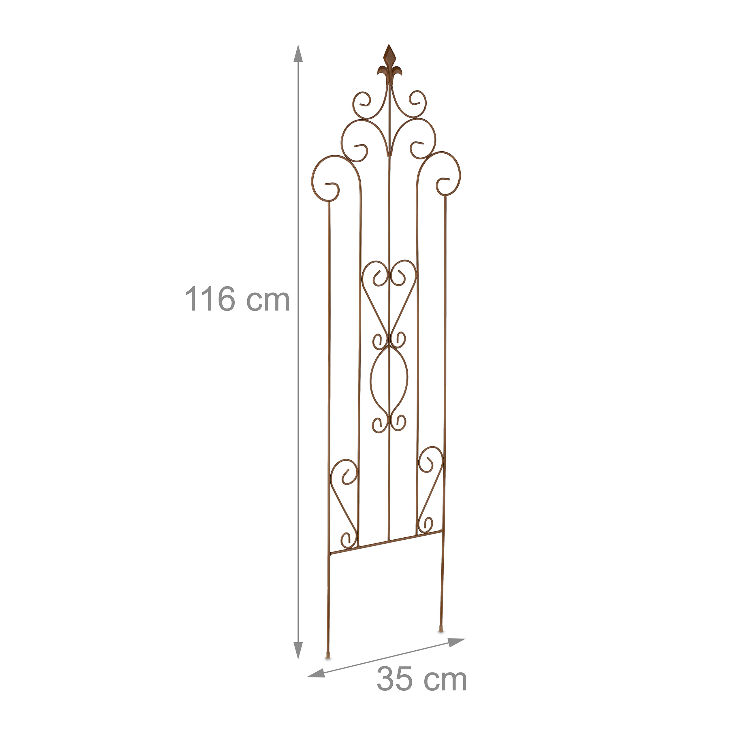 Braune Metall-Gartenrankhilfe, 116 cm hoch und 35 cm breit, mit dekorativen Schnörkeln und Erdspießen.