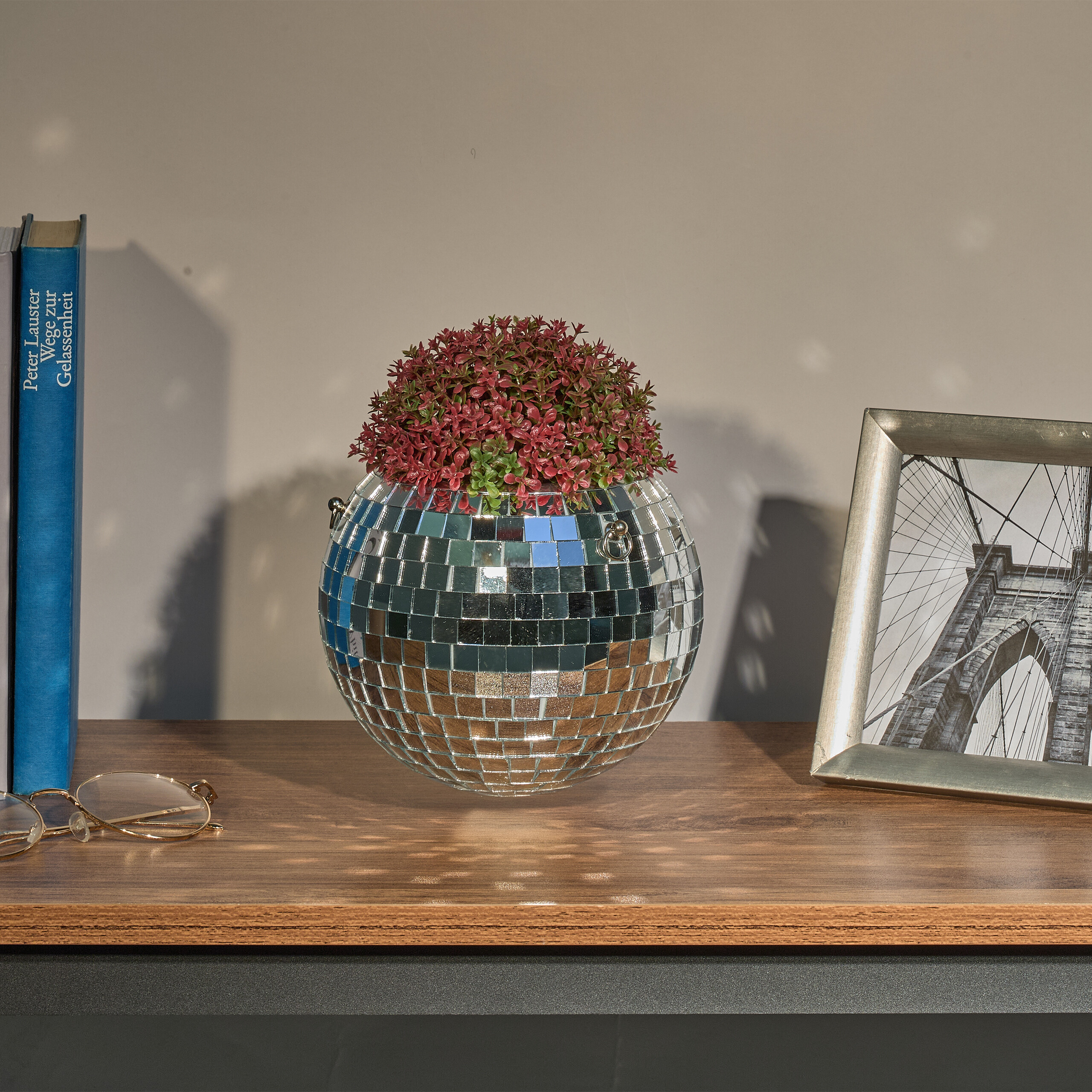 Eine Diskokugel als Pflanzgefäß mit roter Pflanze, blauen Büchern, Brille und Bilderrahmen auf einem Holzregal.