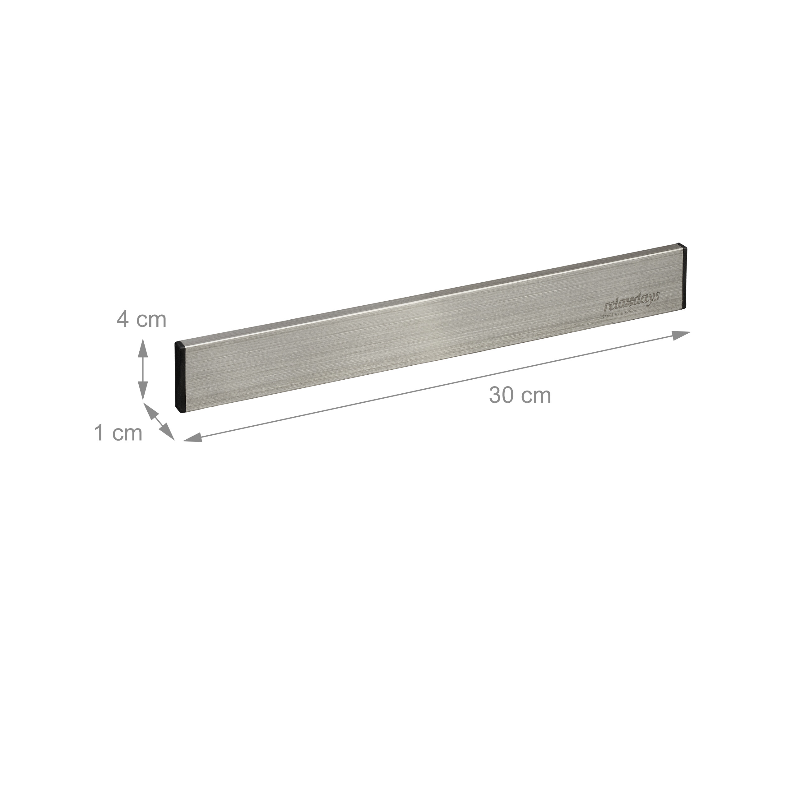 Edelstahl-Messerleiste, 30 cm lang, 4 cm hoch, 1 cm tief, mit grauen Maßpfeilen auf weißem Grund.