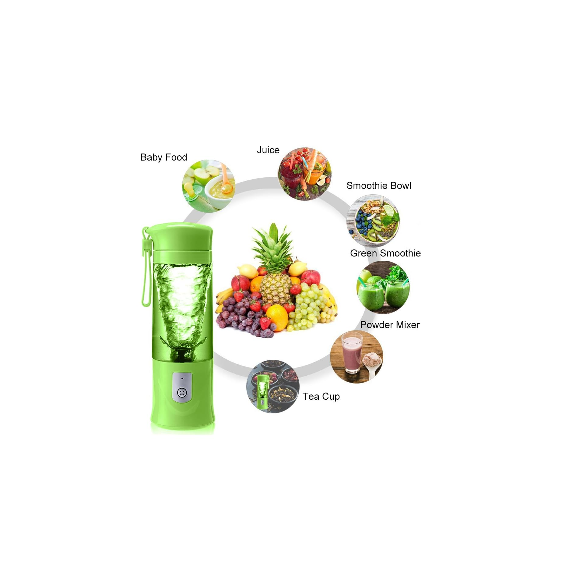 Ein grüner, tragbarer Mixer mit verschiedenen Speisen und Getränken wie Babynahrung, Saft, Smoothie und Tee.
