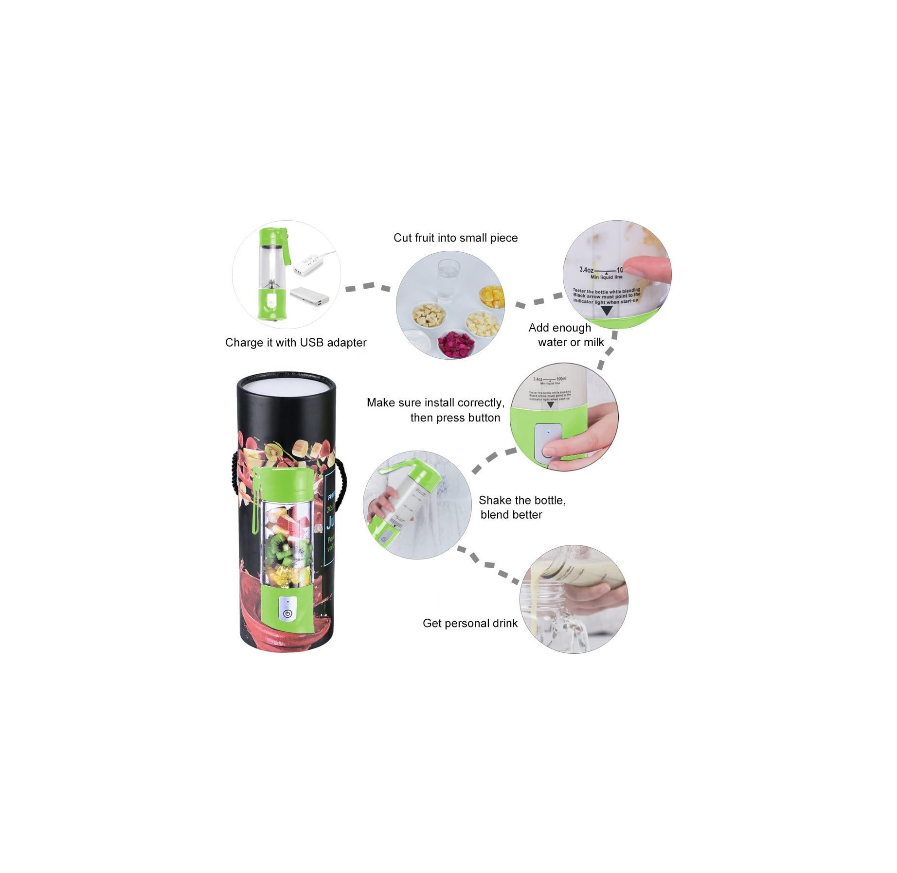 Anleitung zur Verwendung eines tragbaren grünen Mixers, vom Laden und Schneiden von Obst bis zum Eingießen von Saft.