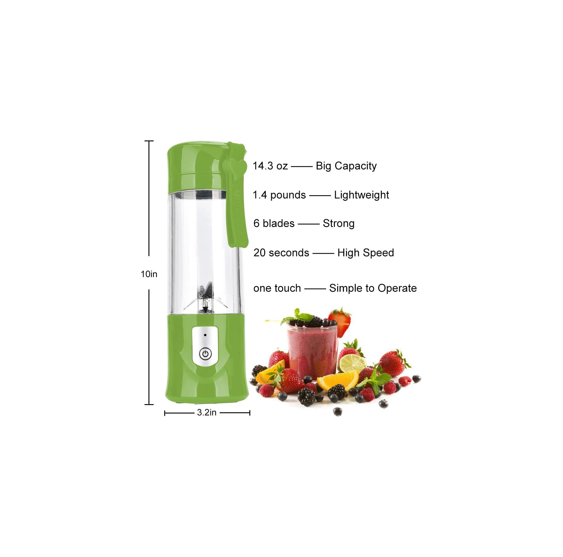 Ein grüner tragbarer Mixer mit Funktionsangaben und frischem Obst daneben.
