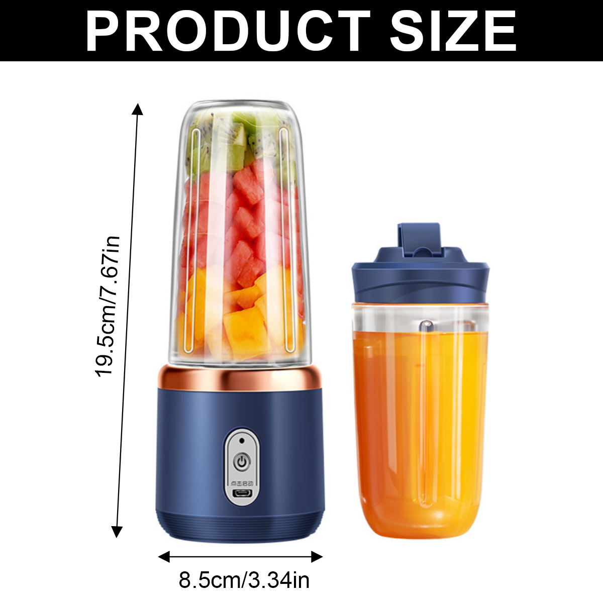 Produktgröße des tragbaren Mixers mit Maßen von 19,5 cm Höhe und 8,5 cm Breite, gefüllt mit Obst und Saft.