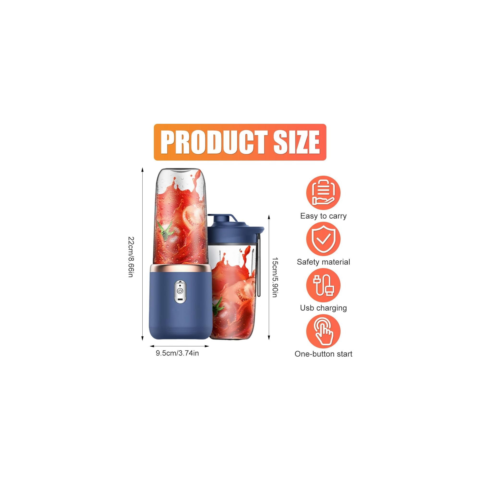 Produktgröße und Features eines tragbaren blauen Mixers mit rotem Inhalt.