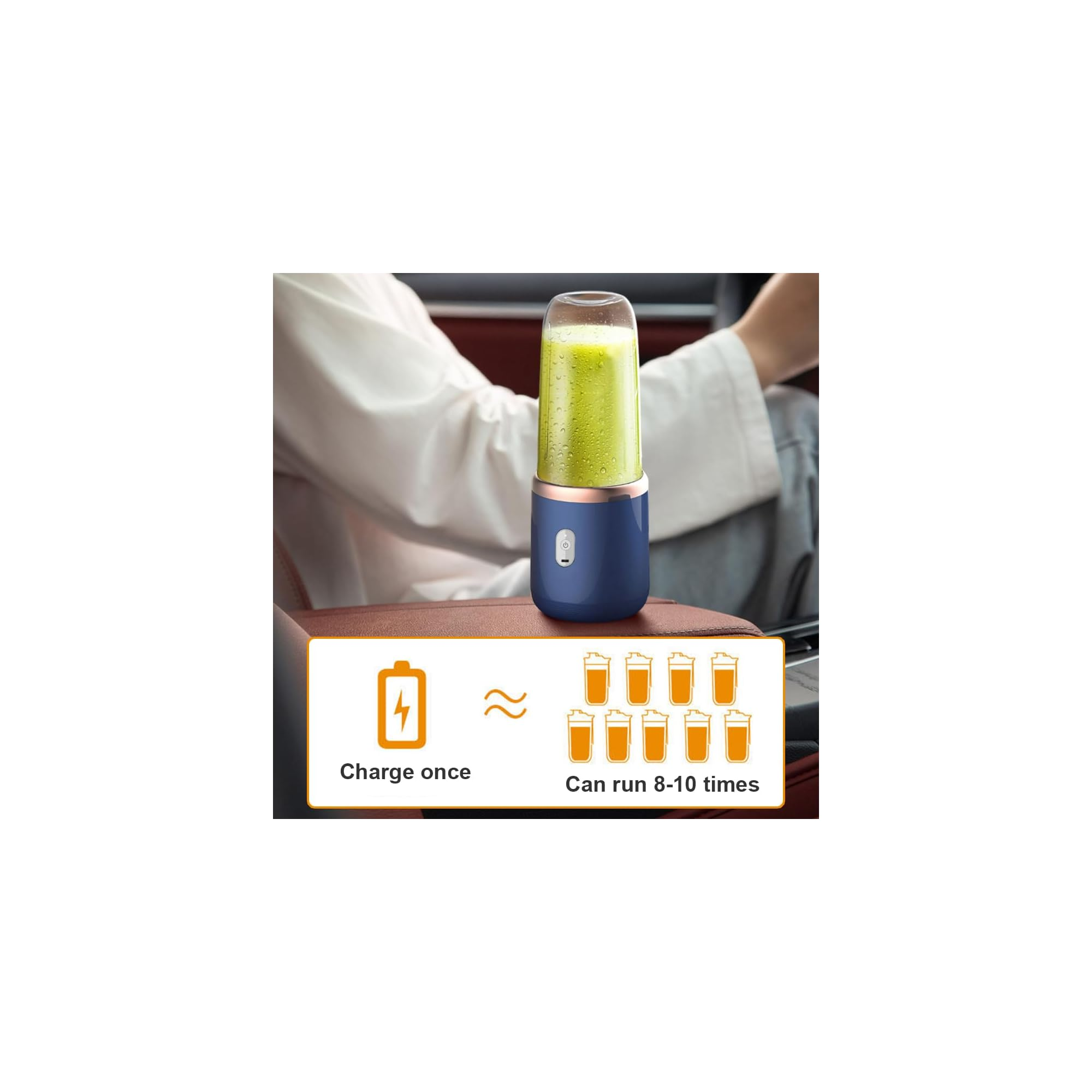 Ein blauer tragbarer Mixer mit grünem Smoothie in einem Auto, unten ein Ladesymbol für 8-10 Nutzungen.