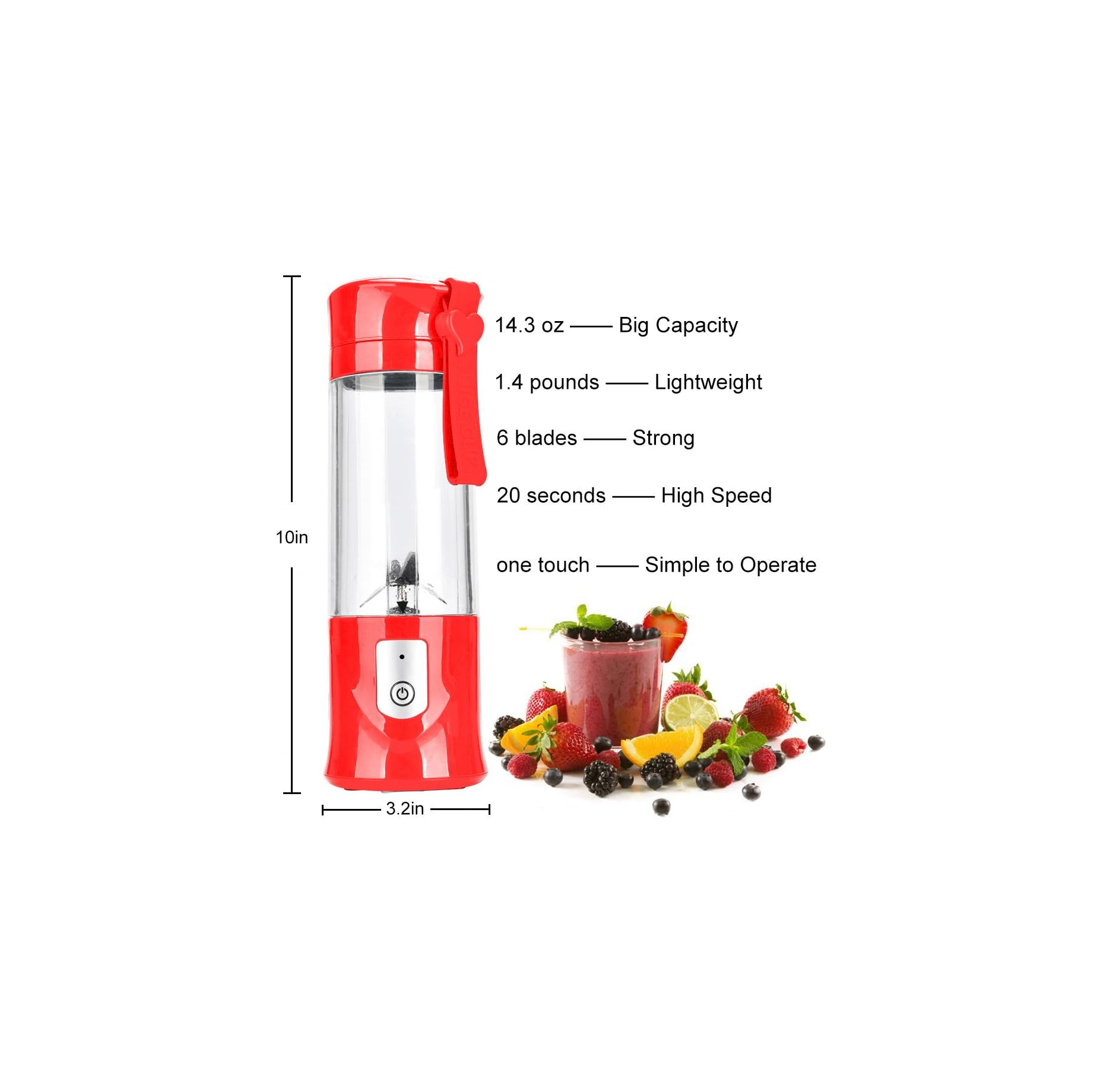 Ein roter tragbarer Mixer mit Maßen, Merkmalen und frischen Früchten.