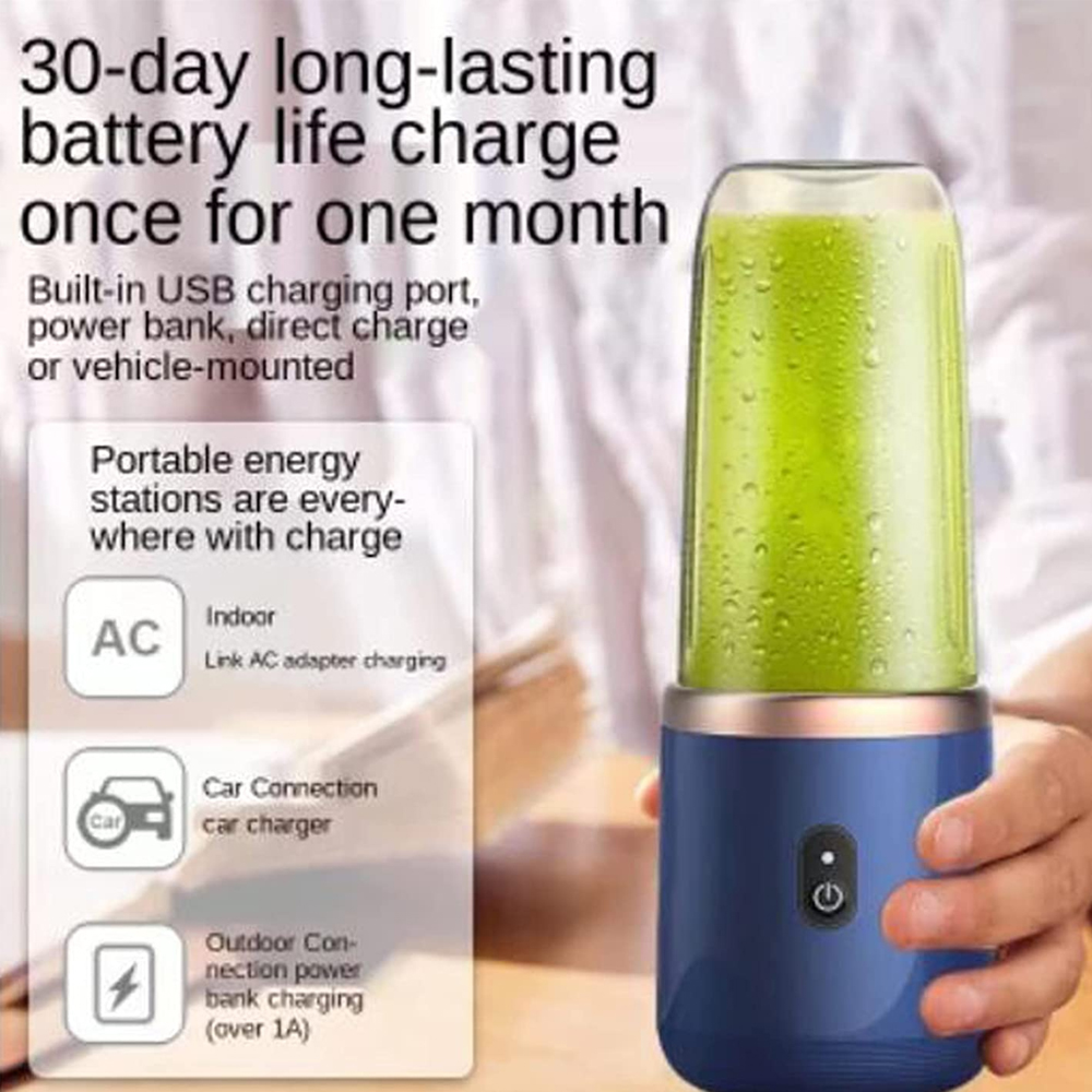 Ein blauer tragbarer Mixer gefüllt mit grünem Smoothie, umgeben von Text über die Batterielebensdauer.