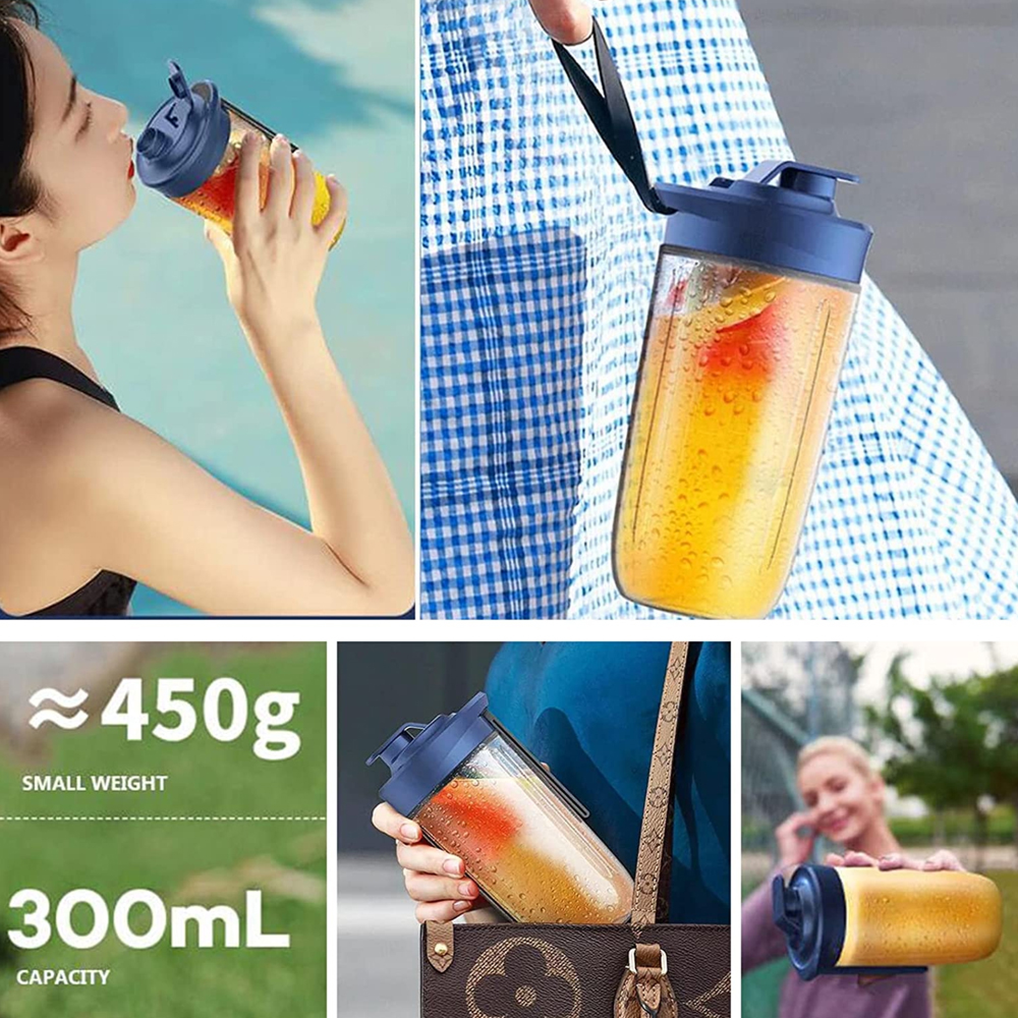 Eine Collage mit einem tragbaren Mixer mit blauem Deckel und Fruchtsaft in verschiedenen Umgebungen.