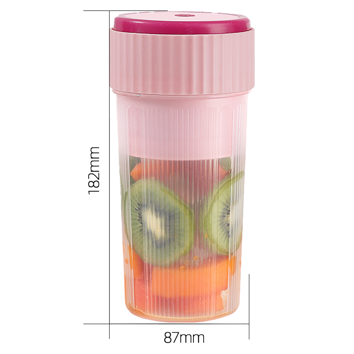 Rosa Smoothie-Becher mit kiwi und Orangenscheiben, 182mm hoch und 87mm breit.