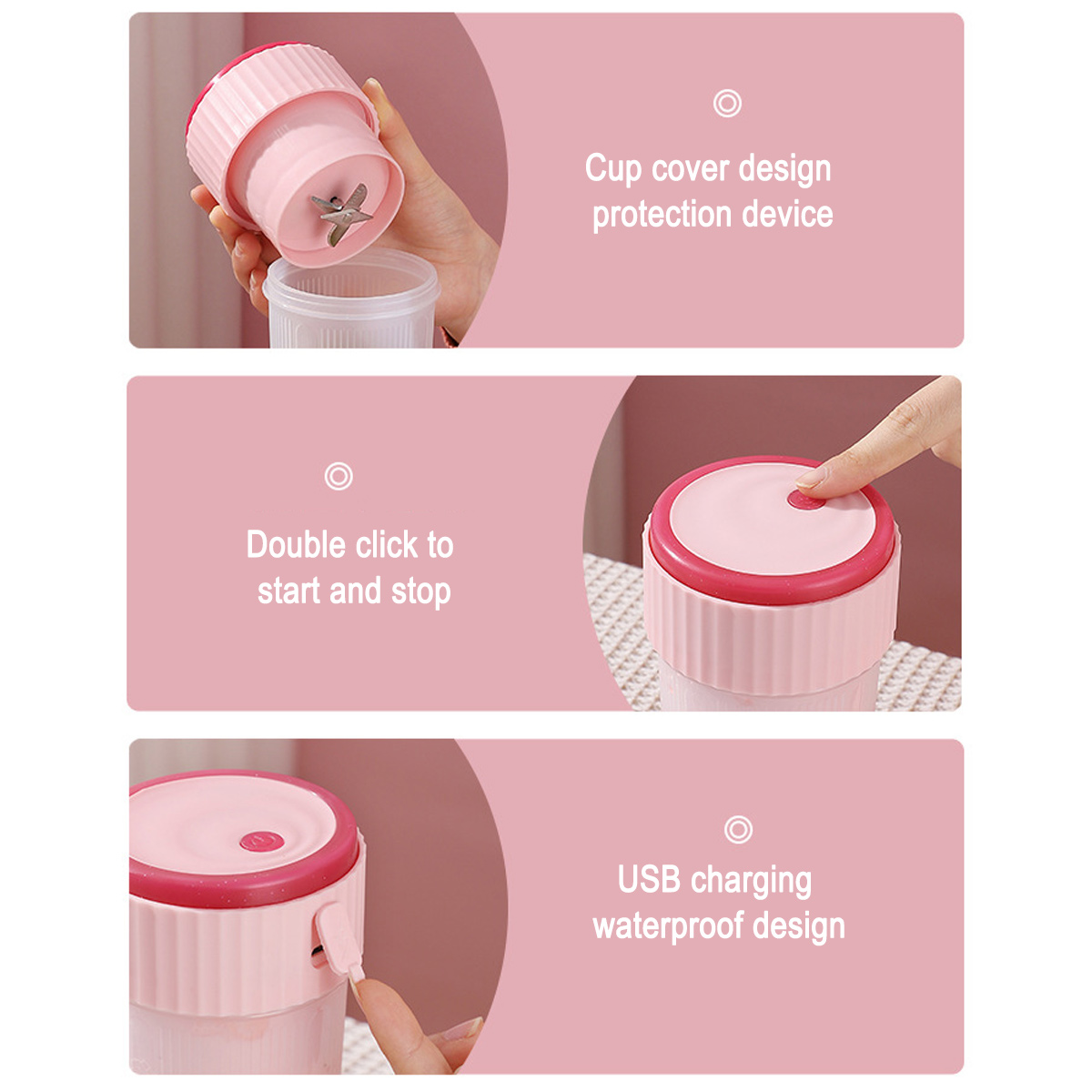 Drei pinke Produktbilder zeigen Sicherheitsfunktionen, Ein-Ausschalter und USB-Ladeanschluss eines Mini-Mixers.