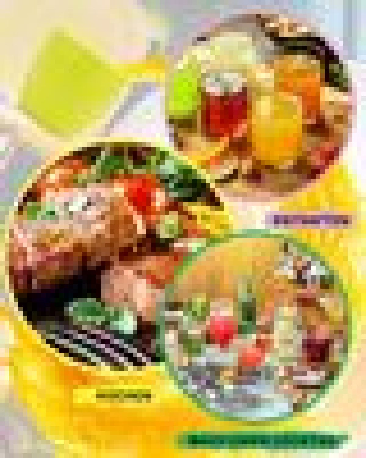Drei kreisrunde Rahmen zeigen gekochte Gerichte mit Fleisch, Gemüse und Getränken auf gelbem Hintergrund.