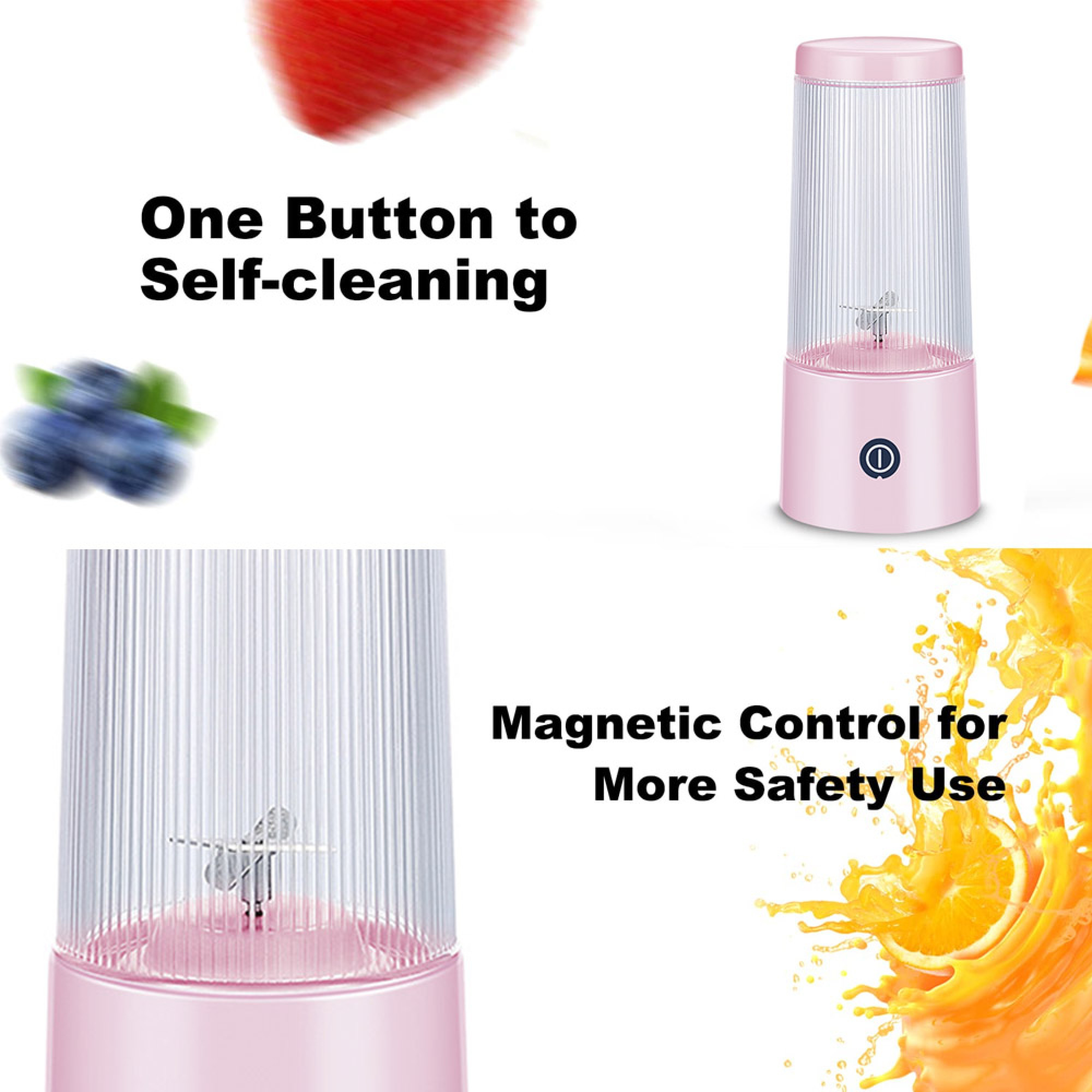 Rosa tragbarer Mixer mit Selbstreinigung und Magnetsicherheit, gezeigt mit Frucht- und Saftspritzern.