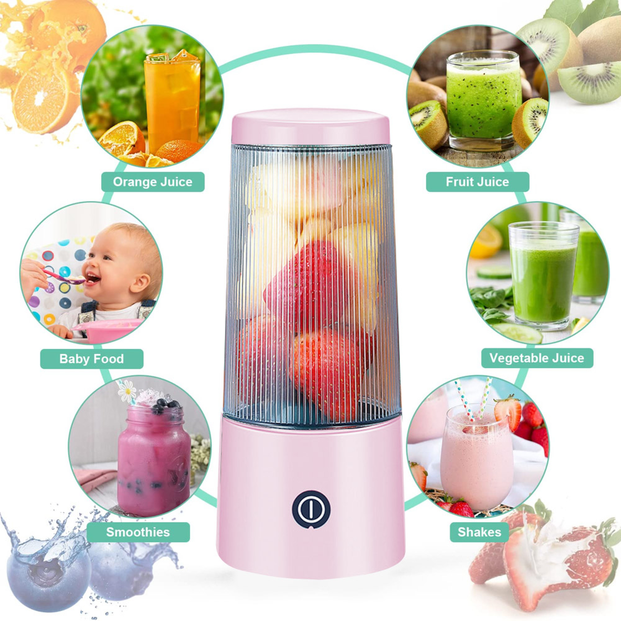 Rosa tragbarer Mixer umgeben von Kreisen mit Orangen-, Frucht- und Gemüsesäften, Smoothies, Shakes und Babynahrung.