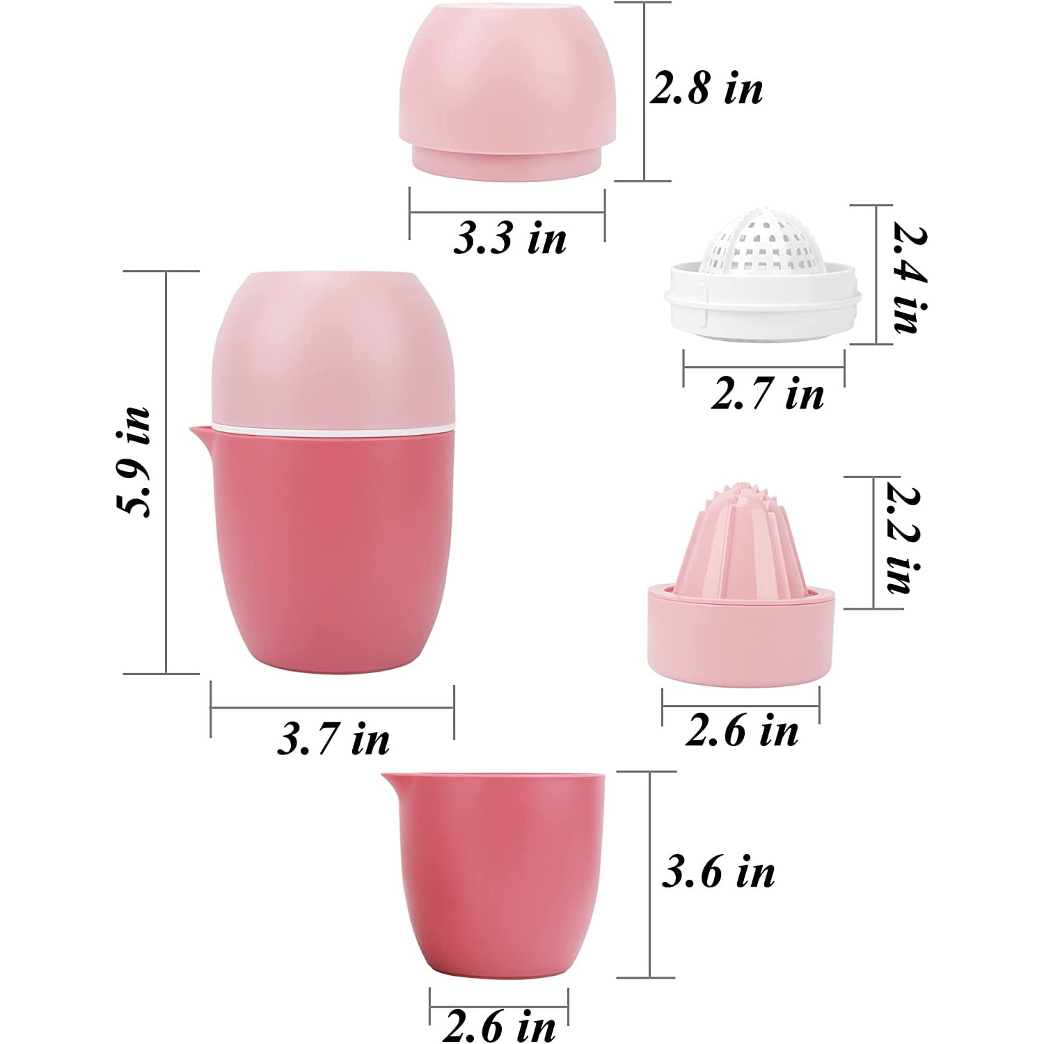 Diagramm einer rosa Zitruspresse mit verschiedenen Teilen und Maßangaben.