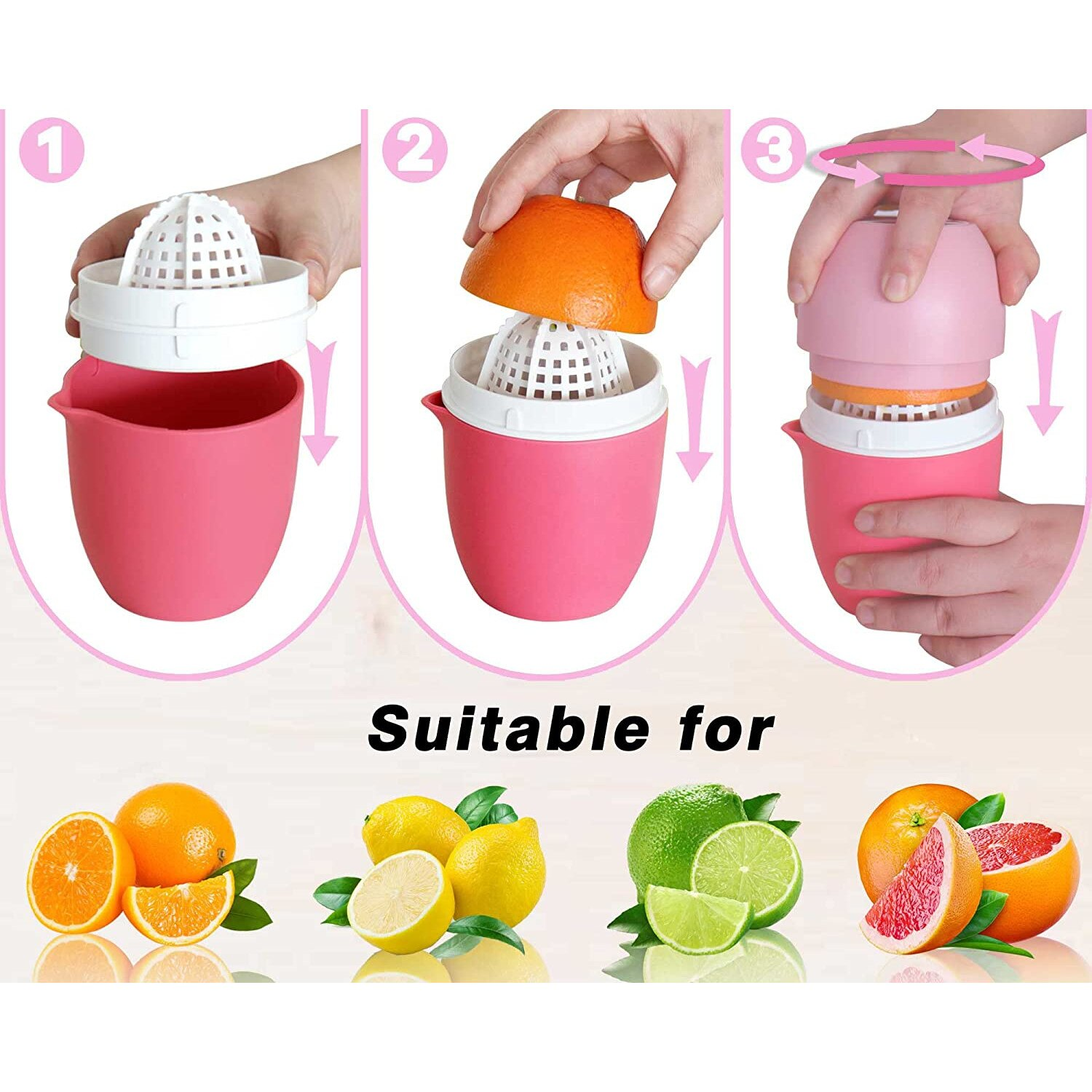 Drei Schritte zeigen die Nutzung einer rosa Zitruspresse für Orangen, Zitronen, Limetten und Grapefruits.