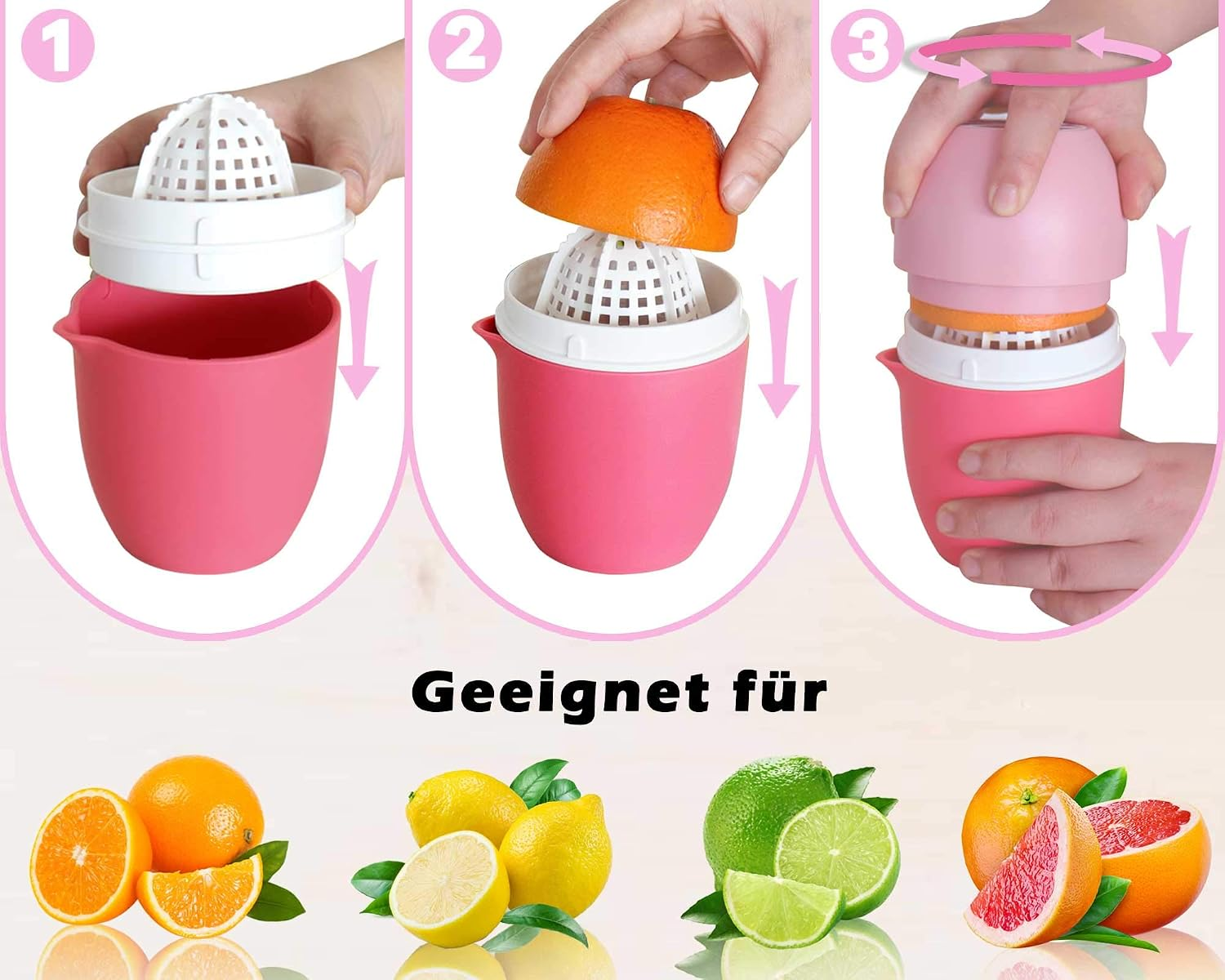 Drei Schritte zeigen die Nutzung einer rosa Zitruspresse für Orangen, Zitronen, Limetten und Grapefruits.