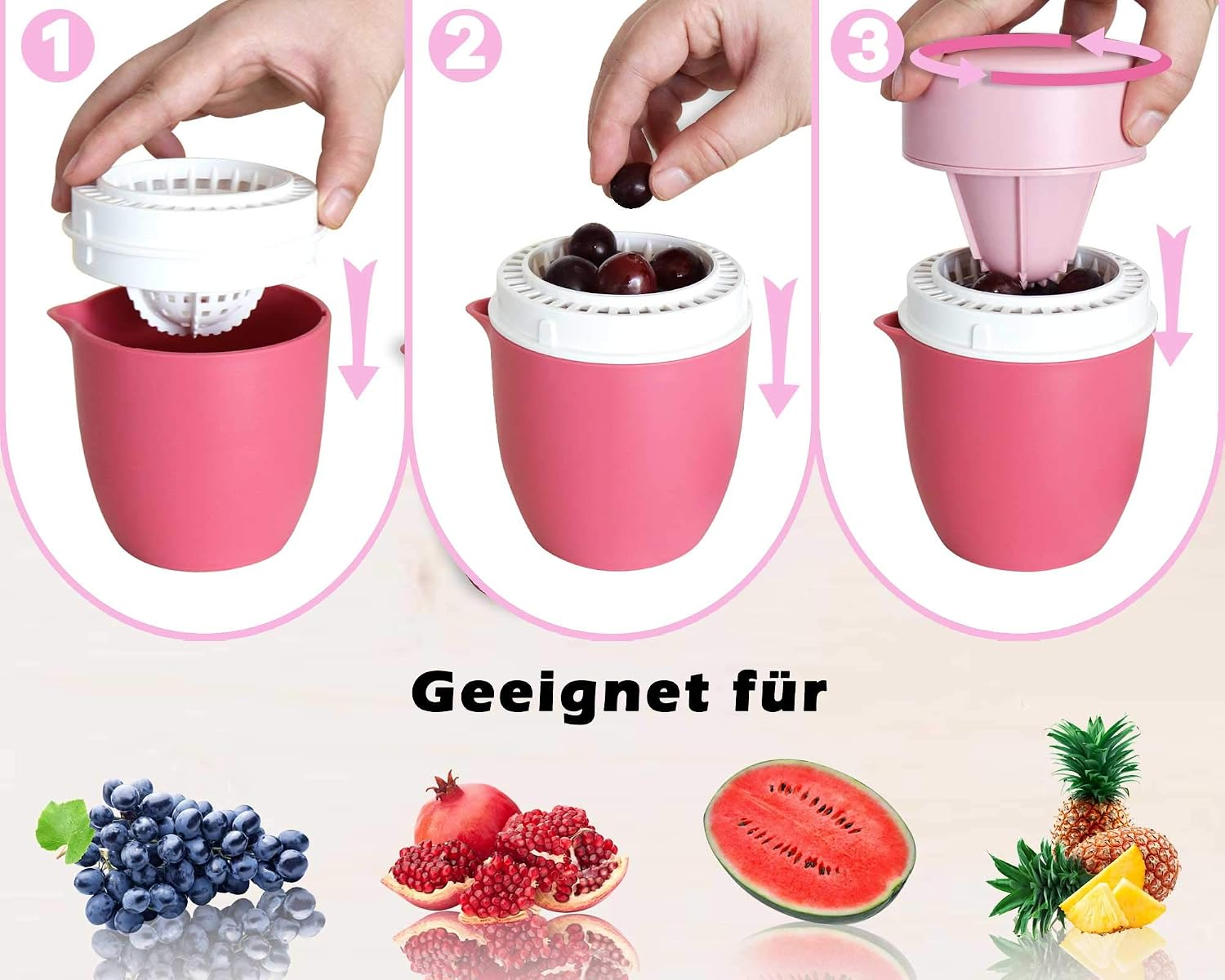 Drei Schritte zeigen die Nutzung eines rosa Handentsafters für Weintrauben, Granatäpfel, Wassermelone und Ananas.