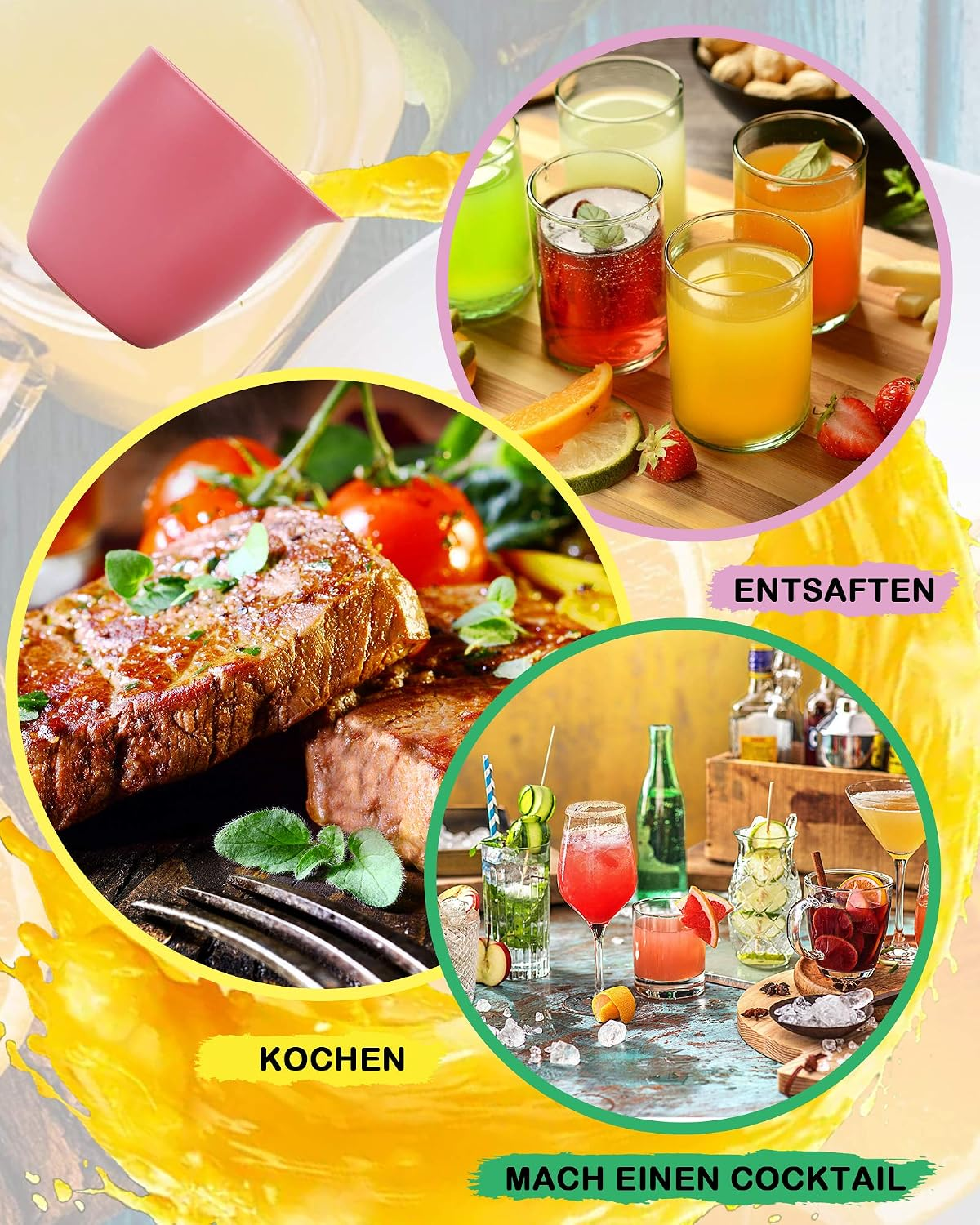 Collage mit gebratenem Fleisch, bunten Säften, Cocktails und einer rosa Silikonschale auf orangem Hintergrund.