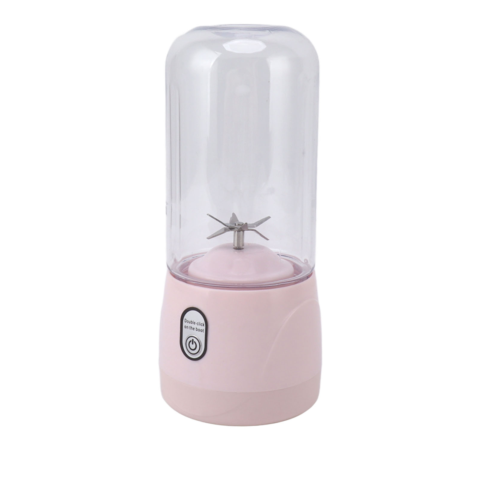 Ein tragbarer rosa-klarer elektrischer Mixer mit Metallklinge vor weißem Hintergrund.