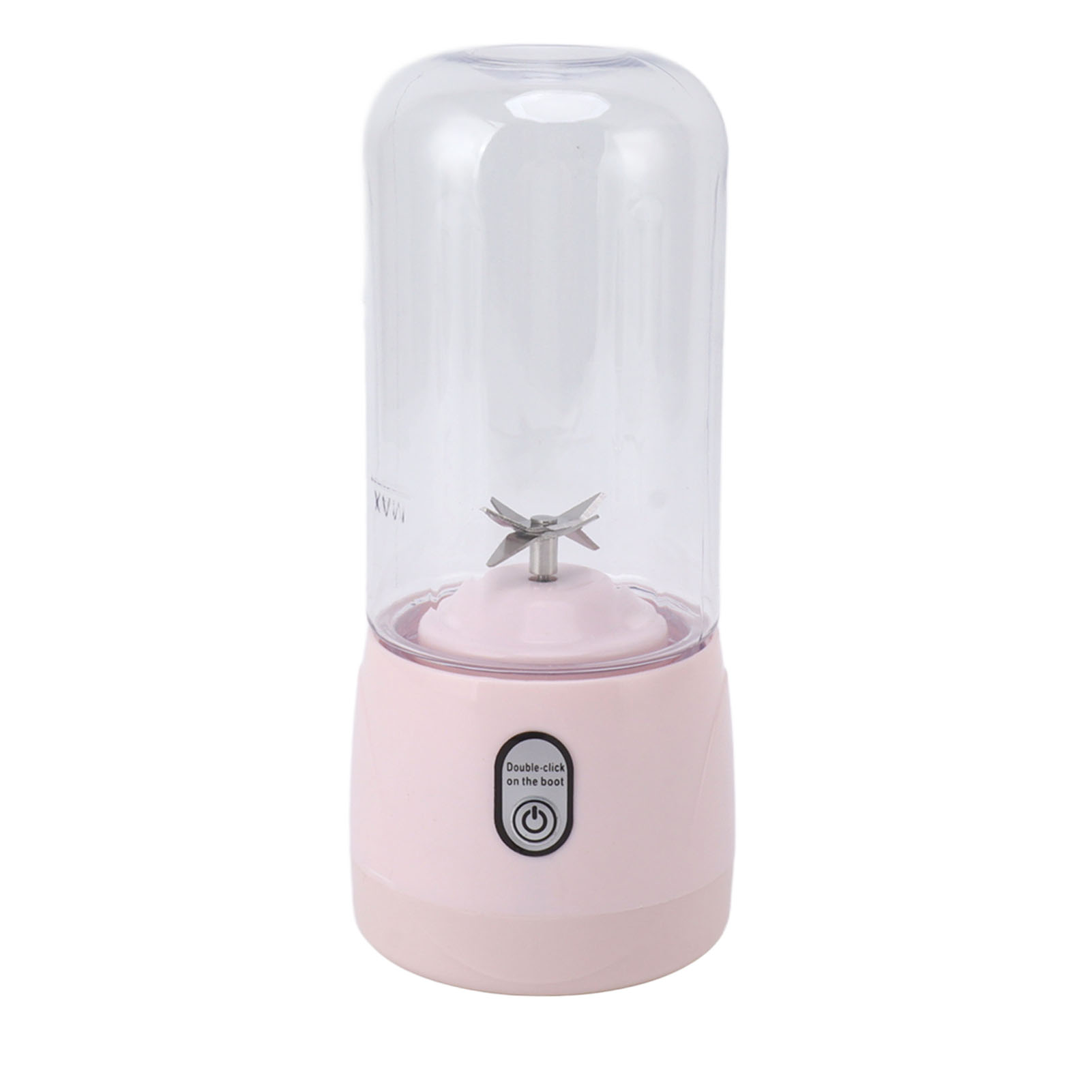 Ein tragbarer rosa Mixer mit klarem Plastikbecher und Metallklinge vor weißem Hintergrund.