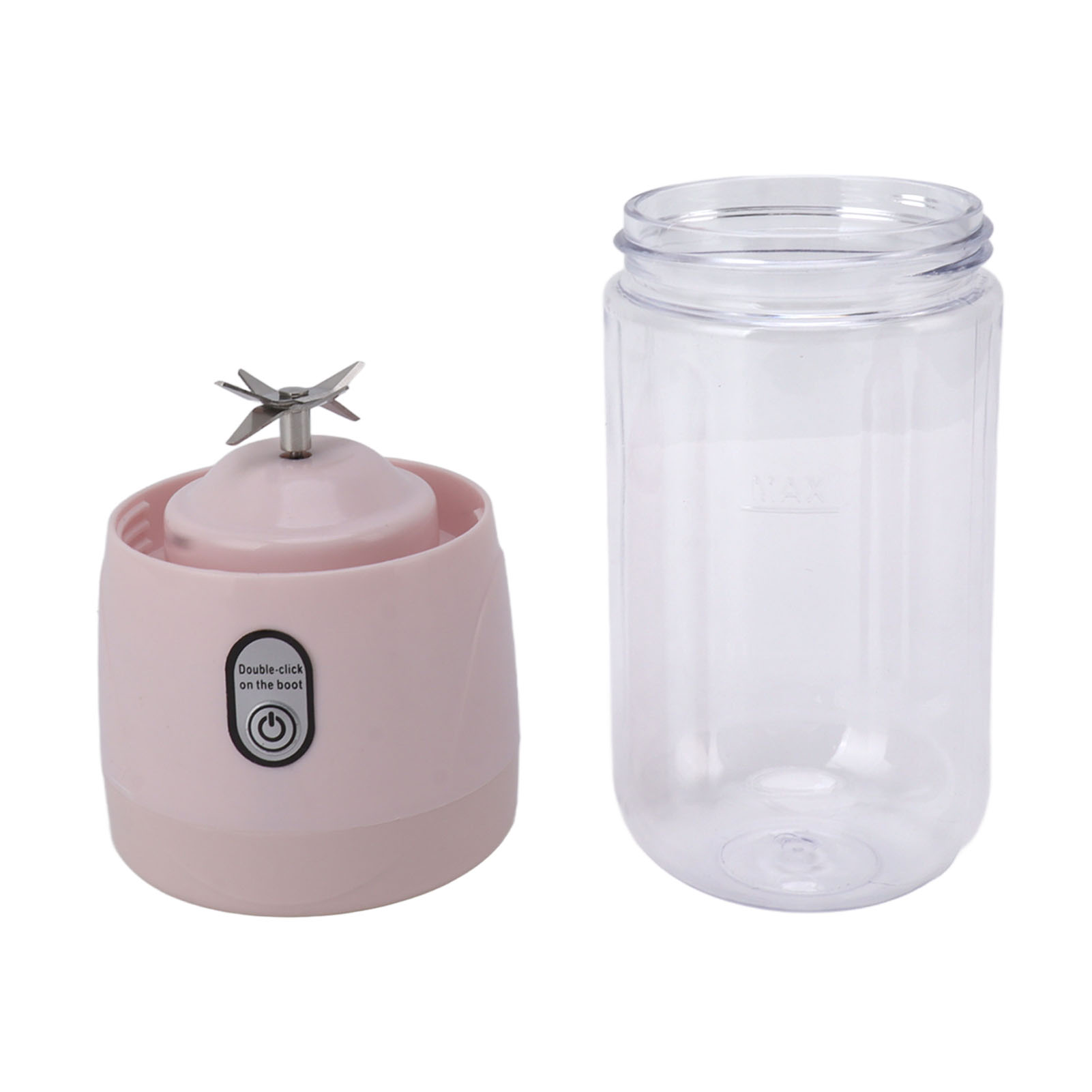 Ein tragbarer rosafarbener Mini-Mixer mit Edelstahlklingen und einem separaten transparenten Becher.