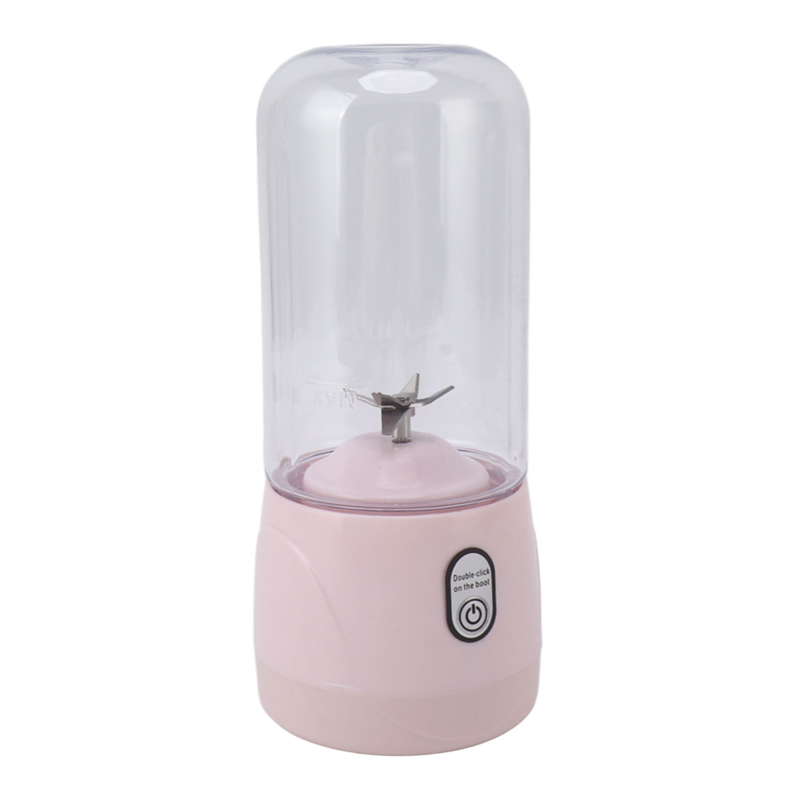 Ein tragbarer, rosa Mini-Mixer mit klarem Behälter, integrierten Edelstahlklingen und einem runden Power-Knopf.