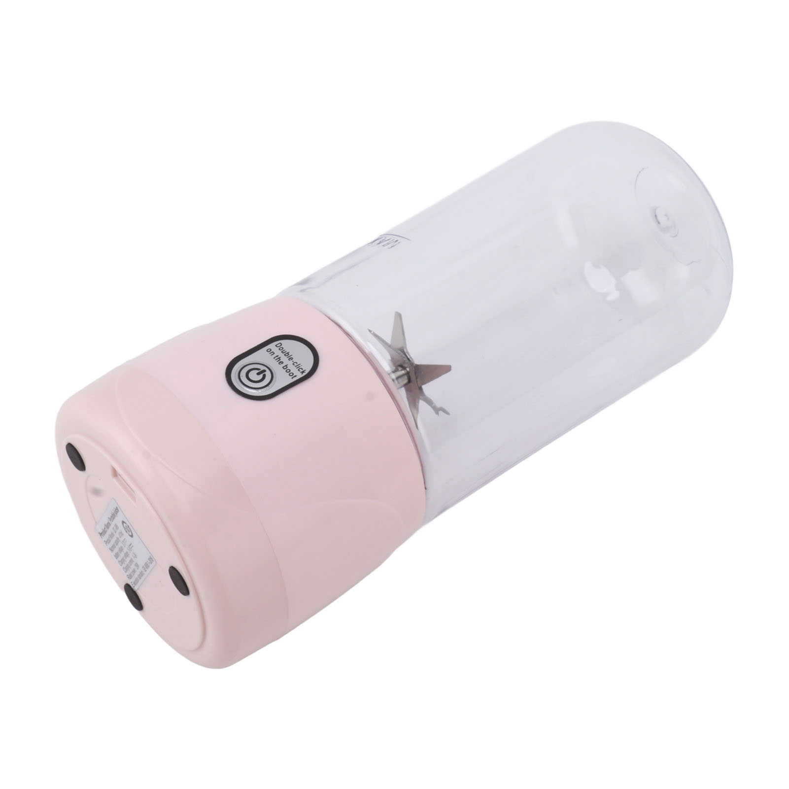 Ein tragbarer rosa-weißer Entsafter mit einem transparenten Becher und einem Metallmesser auf weißem Hintergrund.