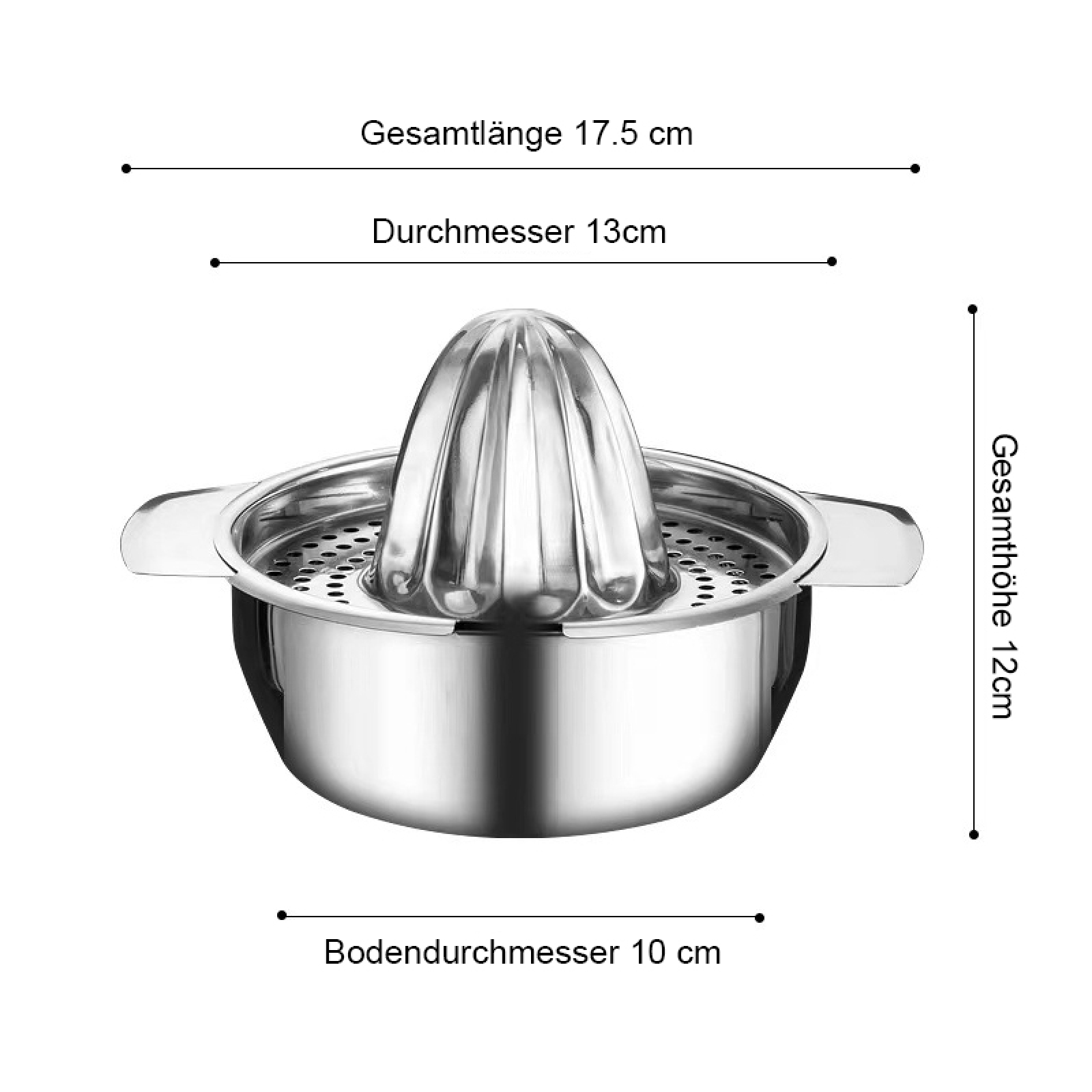Edelstahl Hand-Zitruspresse mit Griffen und Maßangaben.