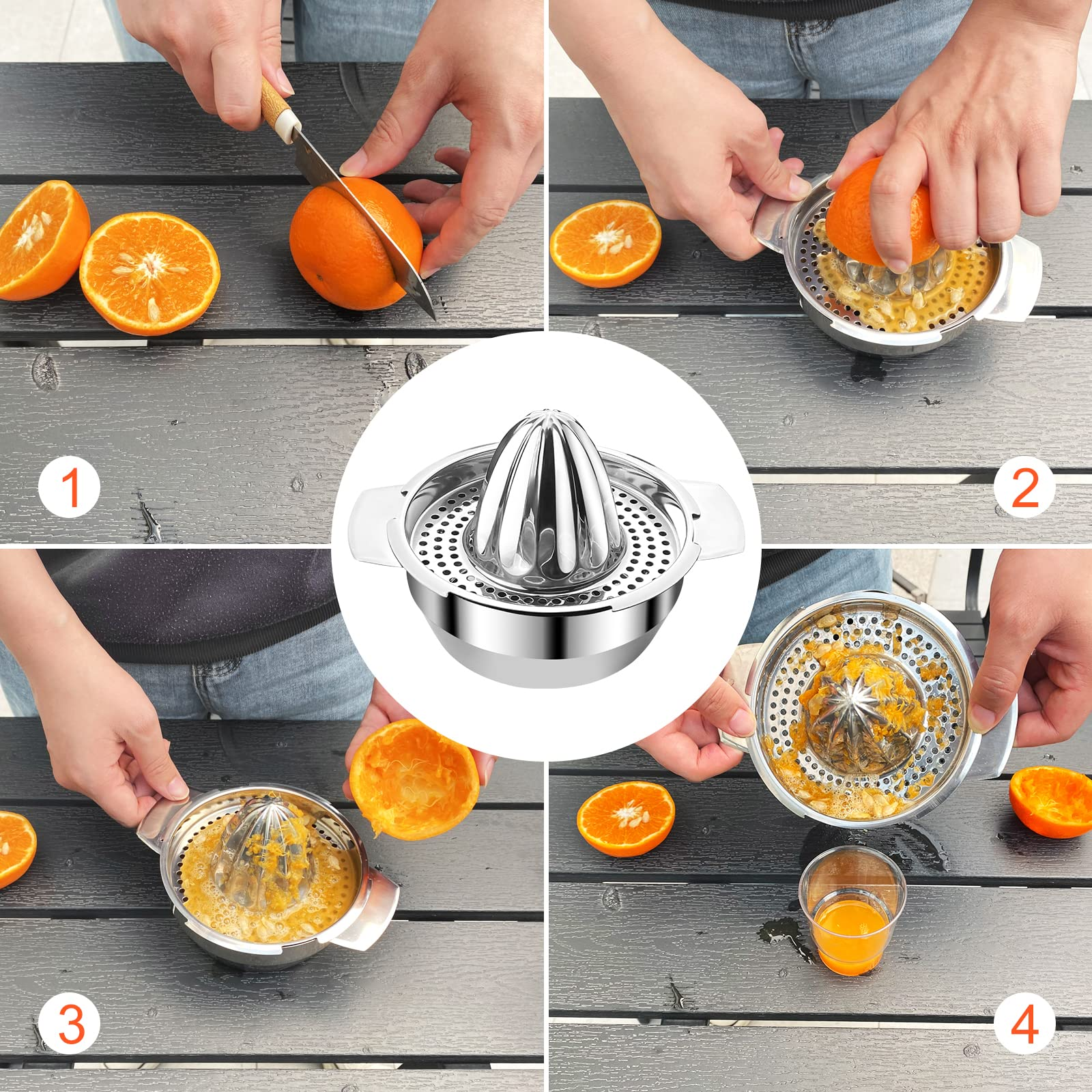 Vier Schritte zeigen das Schneiden und Auspressen von Orangen mit einer Edelstahl-Zitruspresse.