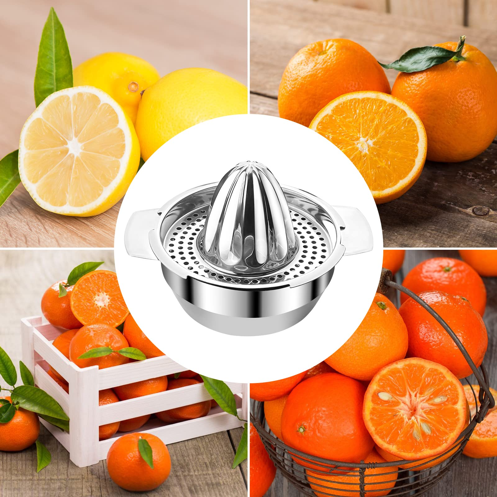 Eine Zitruspresse aus Metall liegt zentral, umgeben von Zitronen und Orangen in Kisten und Körben.