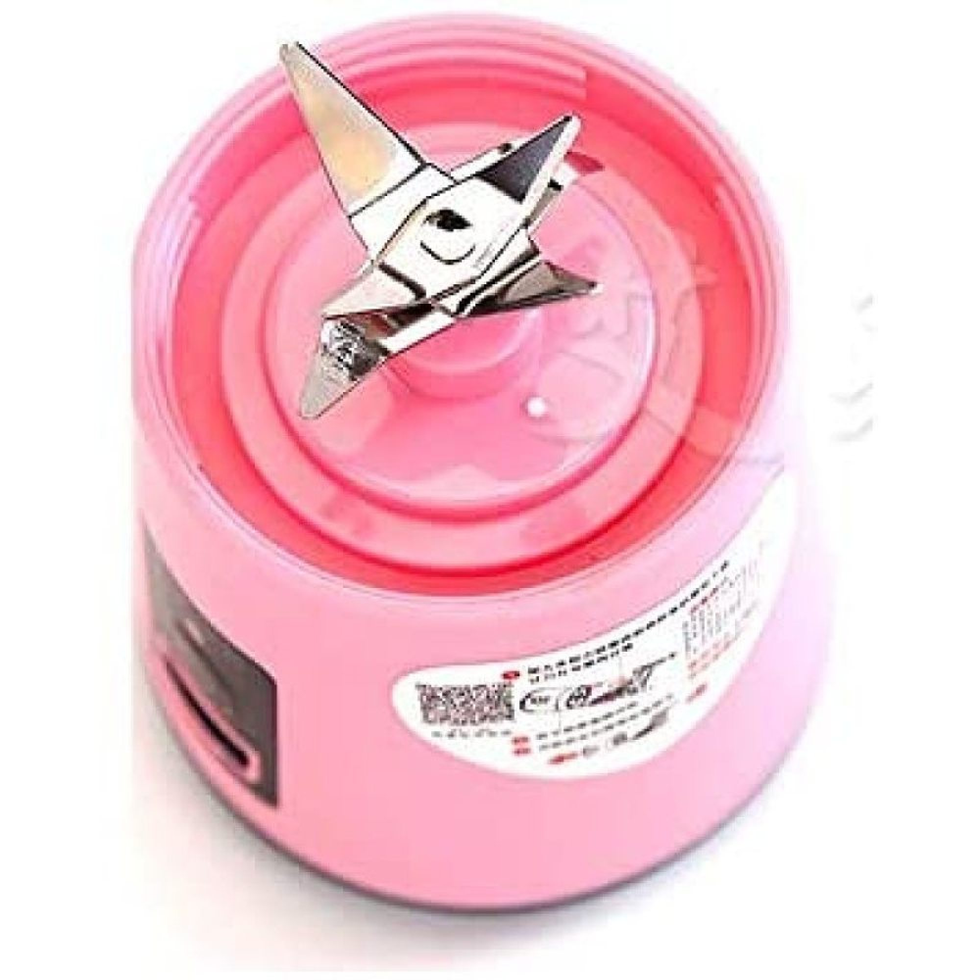 Rosa Mixerbasis mit montierter Edelstahlklinge von oben auf weißem Hintergrund.