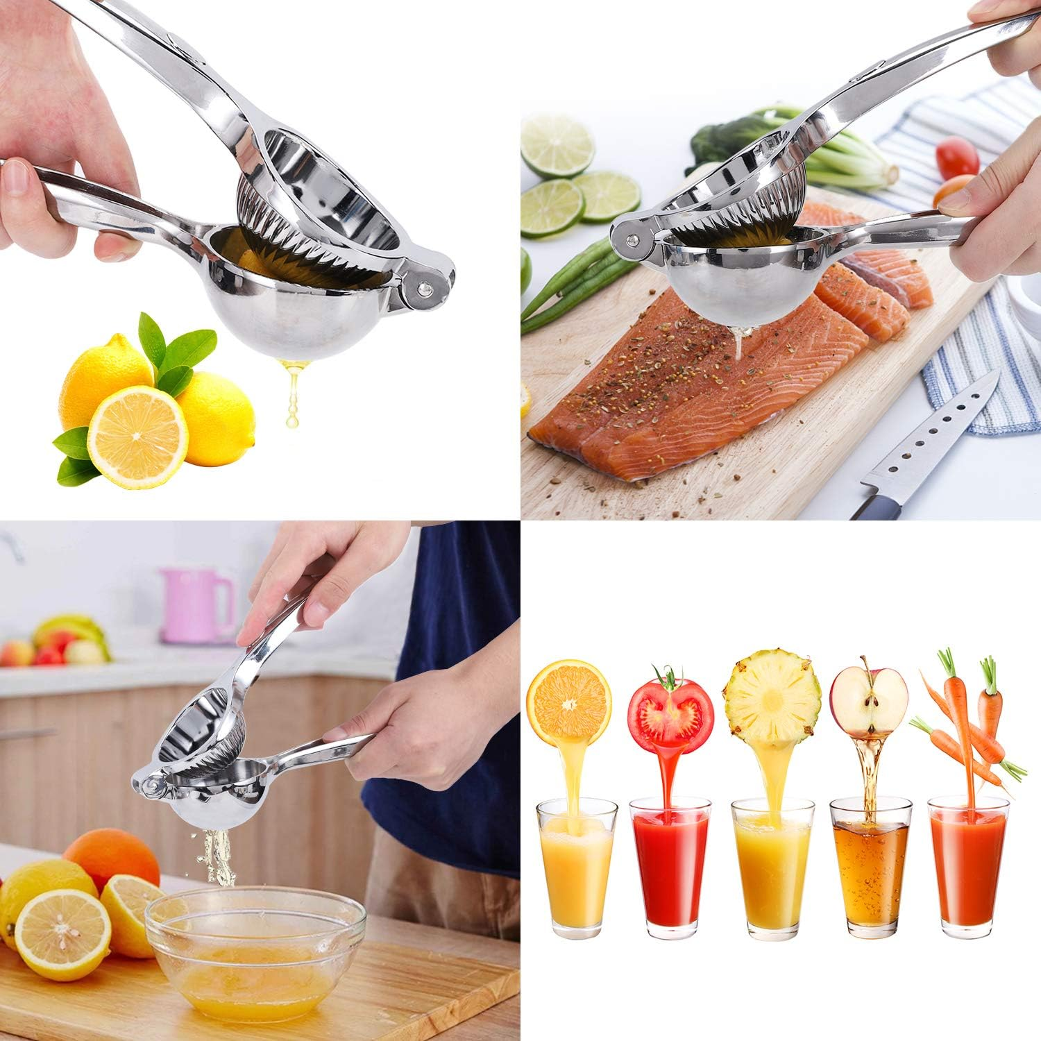 Edelstahl-Zitruspresse presst Saft aus Zitronen, Fisch und Obst in Gläser.