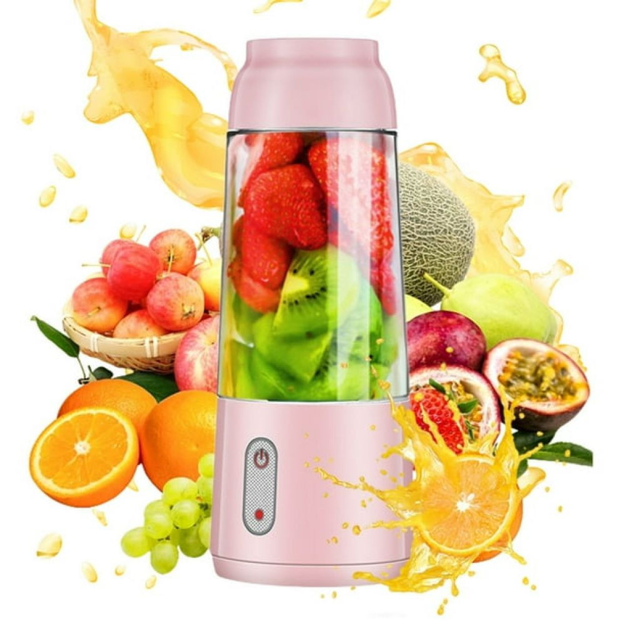 Ein rosafarbener tragbarer Mixer gefüllt mit Erdbeeren und Kiwis, umgeben von spritzendem Saft und verschiedenen Früchten.