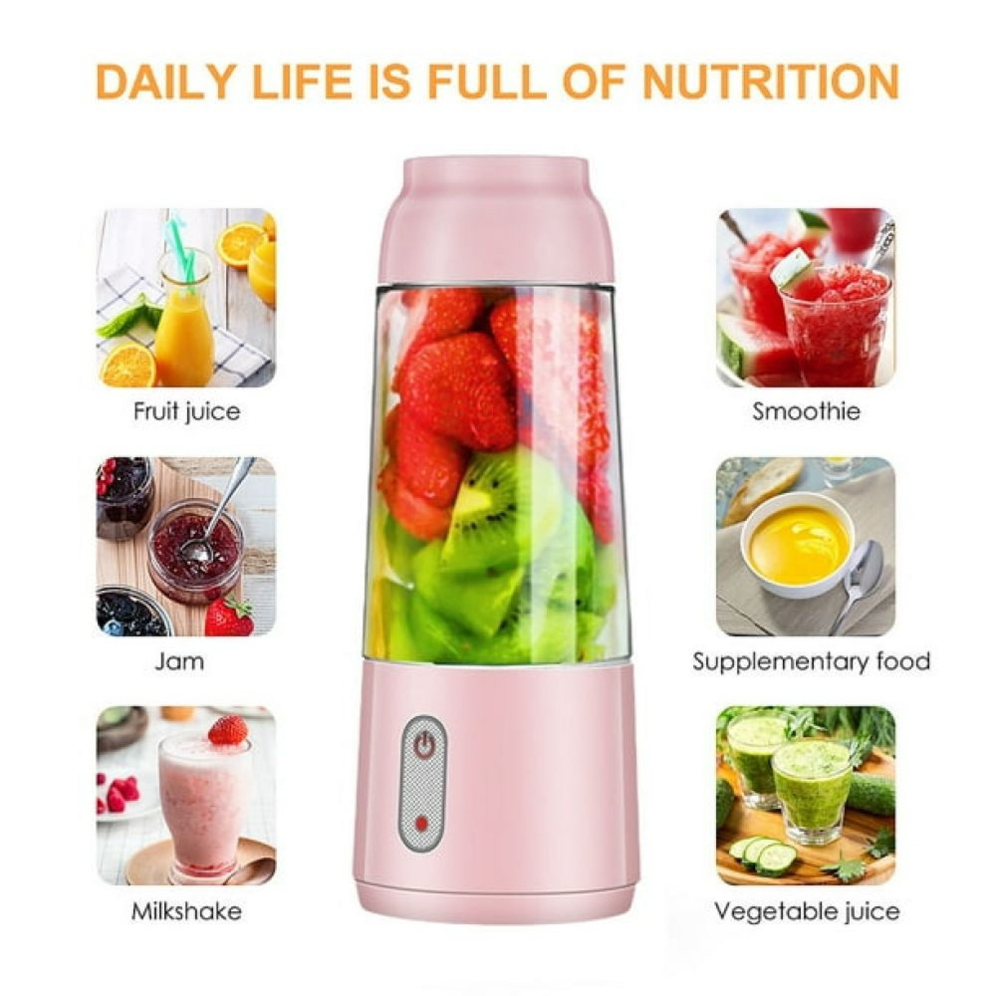 Ein tragbarer rosa Blender in der Mitte, umgeben von Bildern mit Saft, Smoothies, Marmelade und Milchshake.