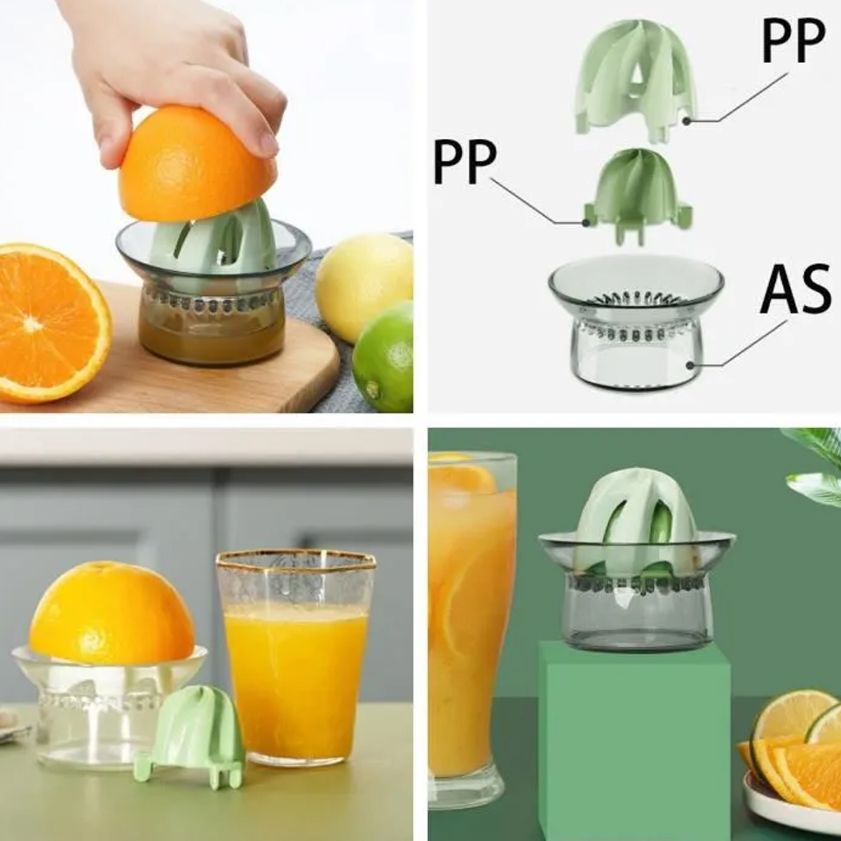 Handpresse für Zitrusfrüchte mit grünem Einsatz und Glasbehälter, demonstriert in verschiedenen Ansichten.