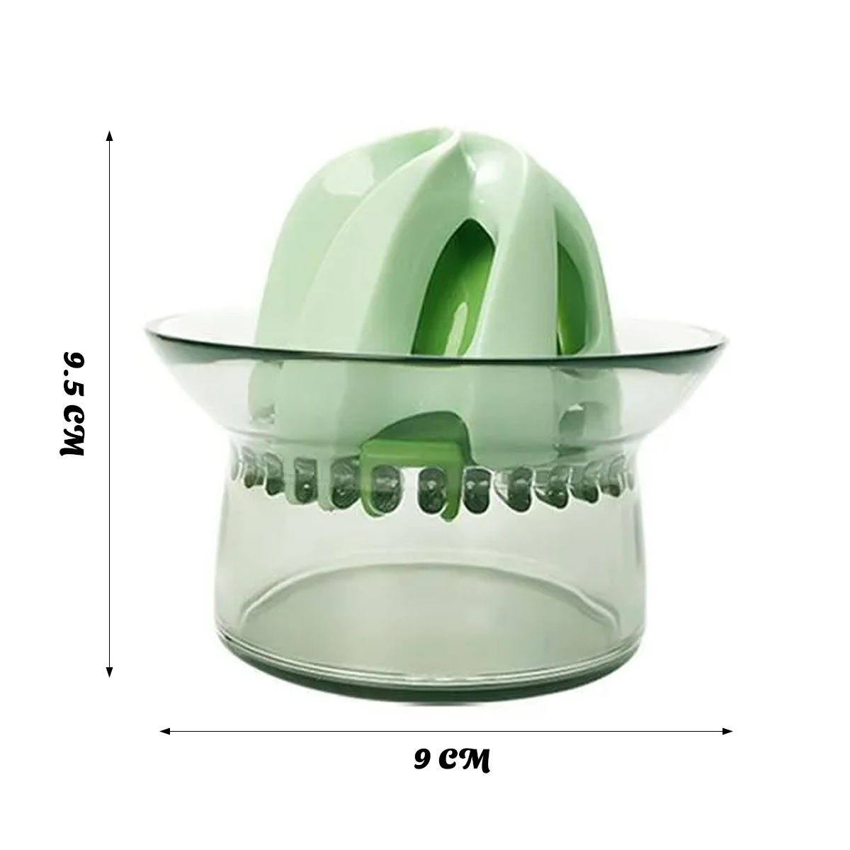 Hellgrüne Zitruspresse mit klarem Glasbehälter, 9,5 cm hoch und 9 cm breit.