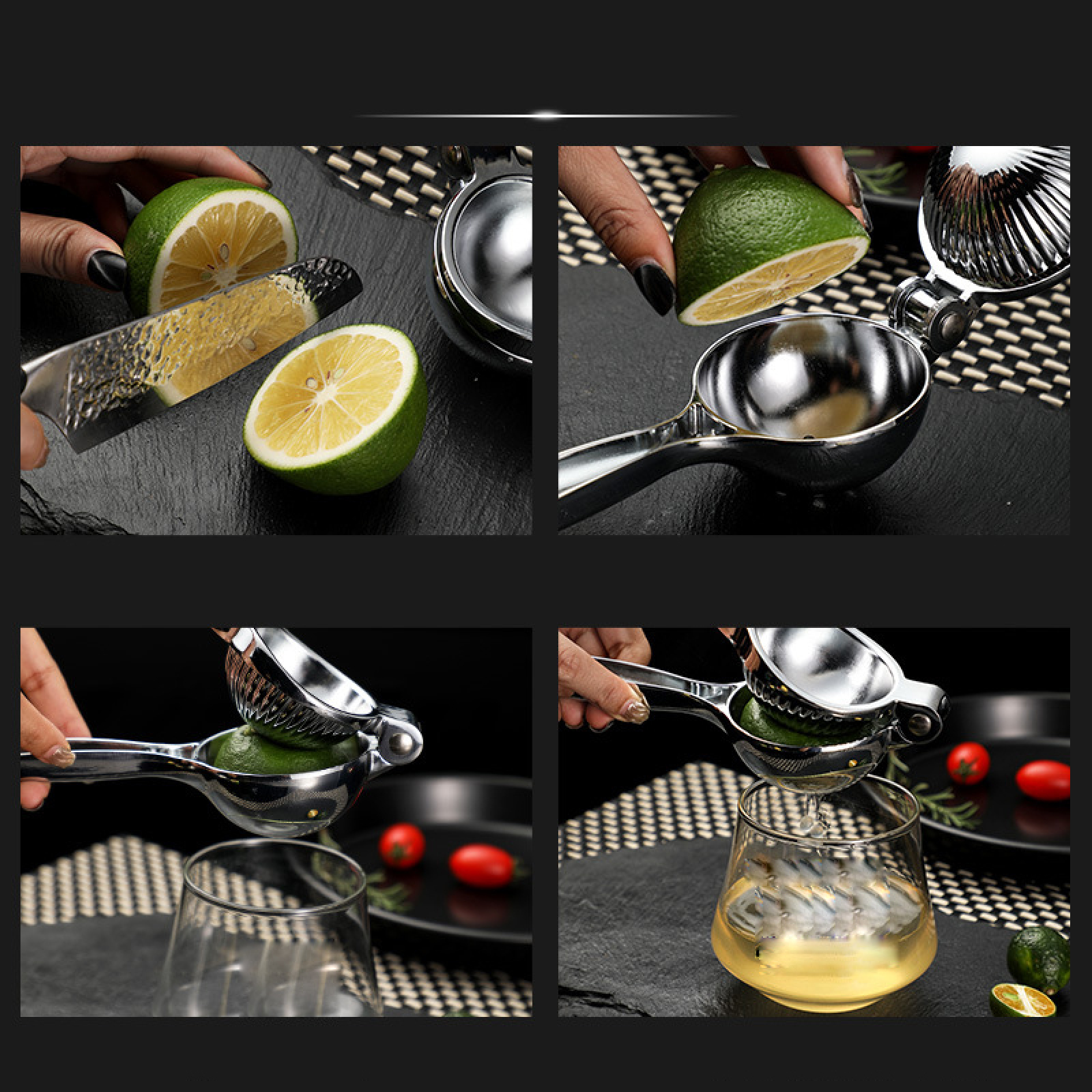 Vier schritte zeigen das Schneiden und Auspressen von Limetten mit einer Handpresse in ein Glas.