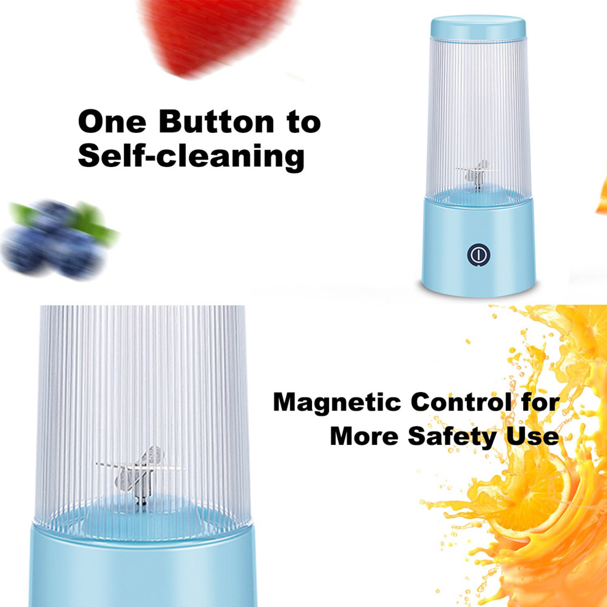 Blaue tragbare Blender-Flasche mit Klingen und erklärendem Text zu Funktionen.