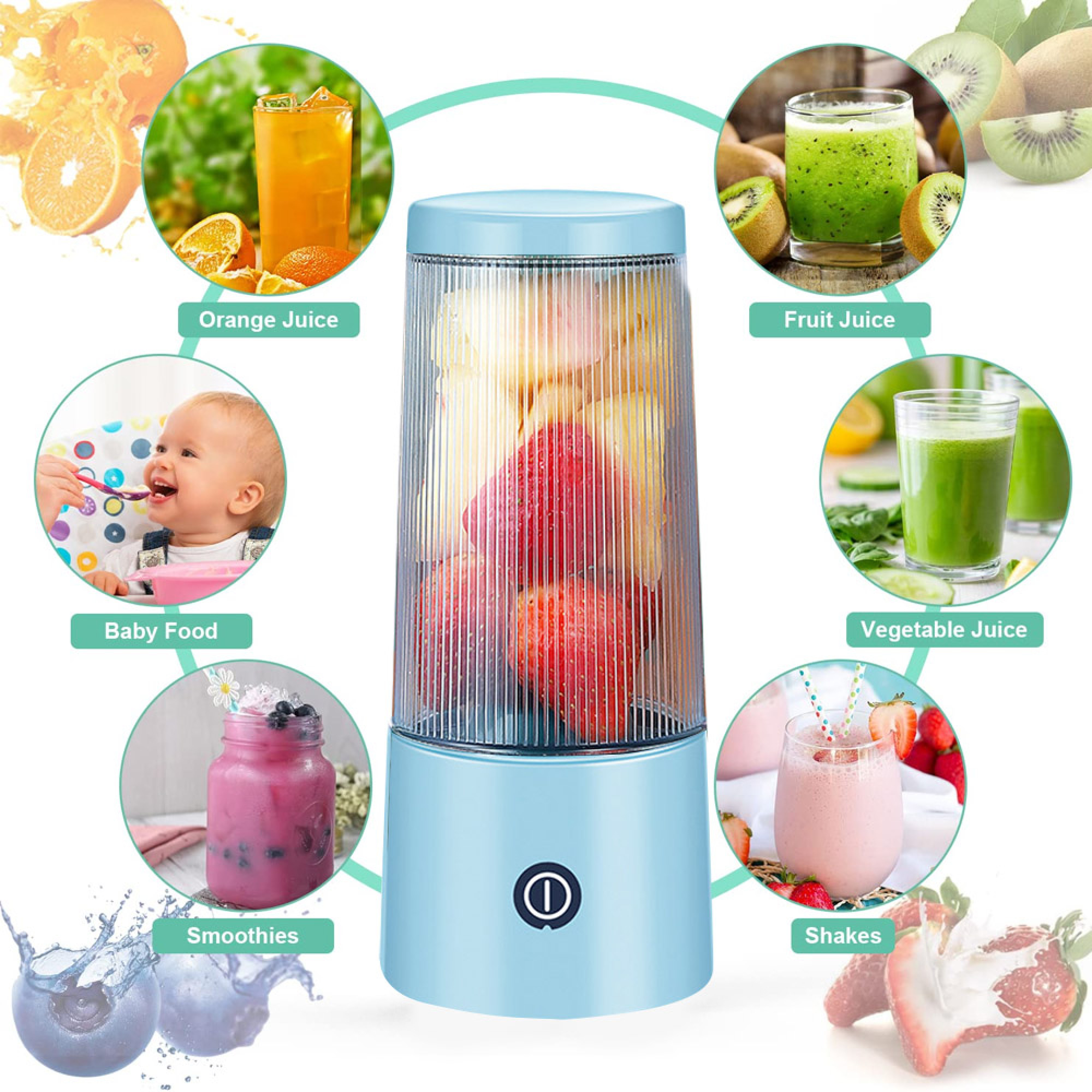 Ein blauer tragbarer Mixer im Zentrum, umgeben von kreisförmigen Bildern verschiedener Säfte und Smoothies.