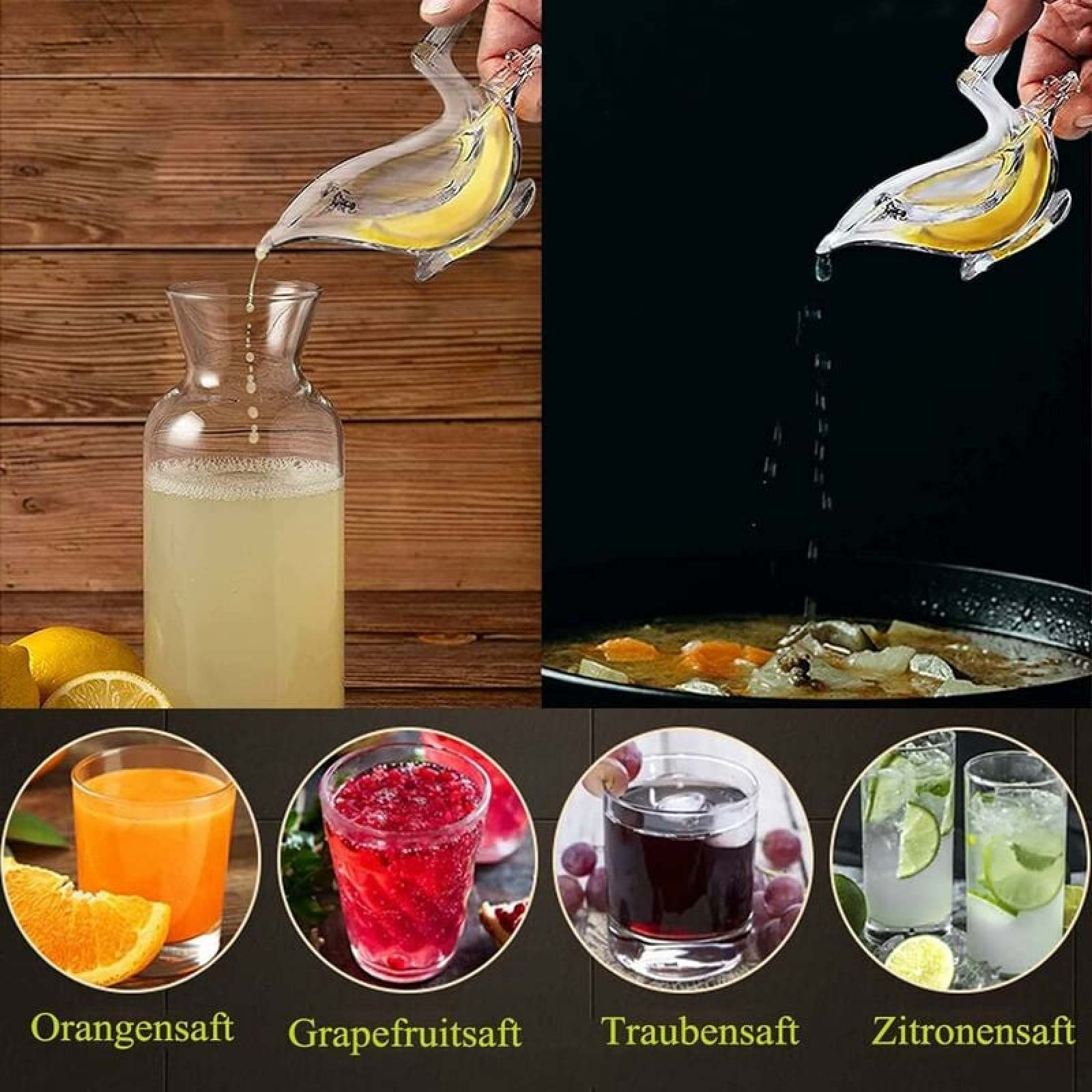 Ein gläserner Vogel presst Saft in ein Glas und in eine Pfanne. Vier Gläser mit Säften stehen darunter.