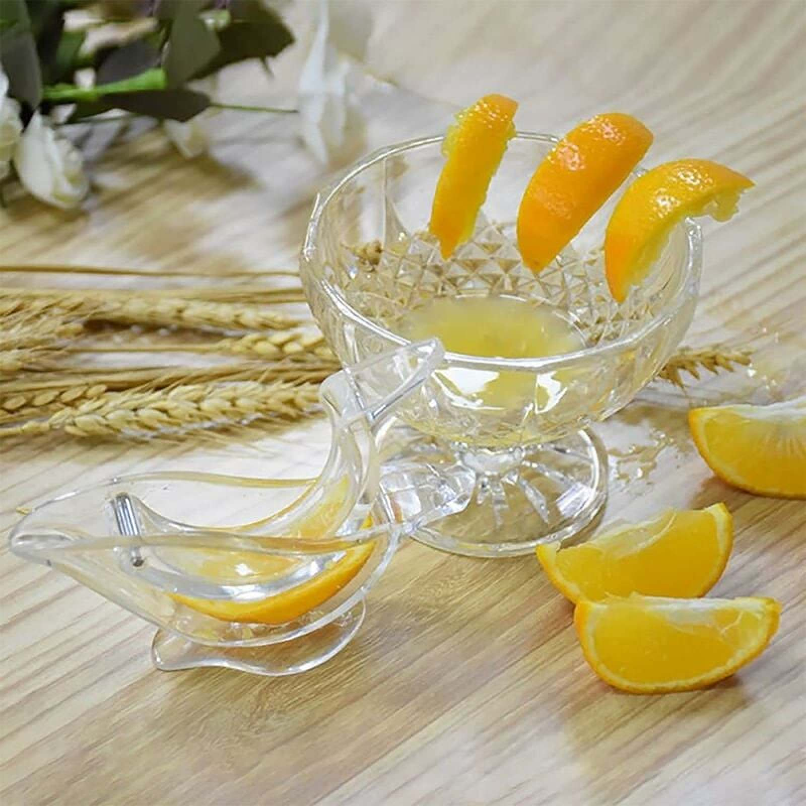 Glaspresse mit Orangenscheiben und Saft in einer Kristallschale auf Holz.