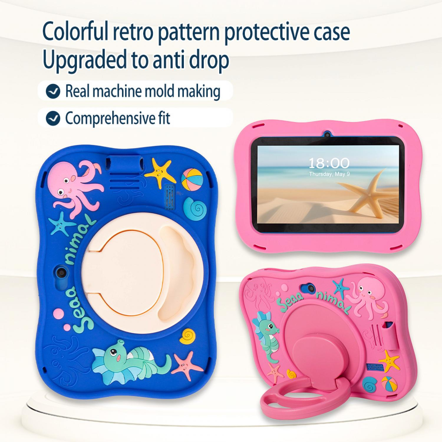 Kindertablet mit Schutzhülle in Blau und Rosa, verziert mit Meeresmotiven.